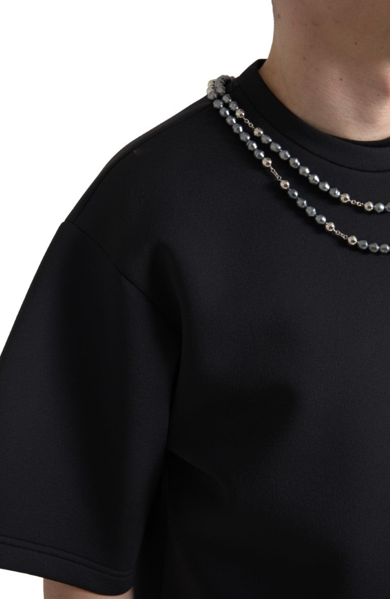 Dolce & Gabbana Schwarzes T-Shirt aus Polyester mit Halskettenverzierung