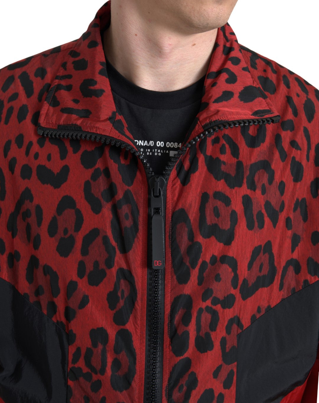 Dolce & Gabbana Roter Leopard Nylon Pullover mit Reißverschluss