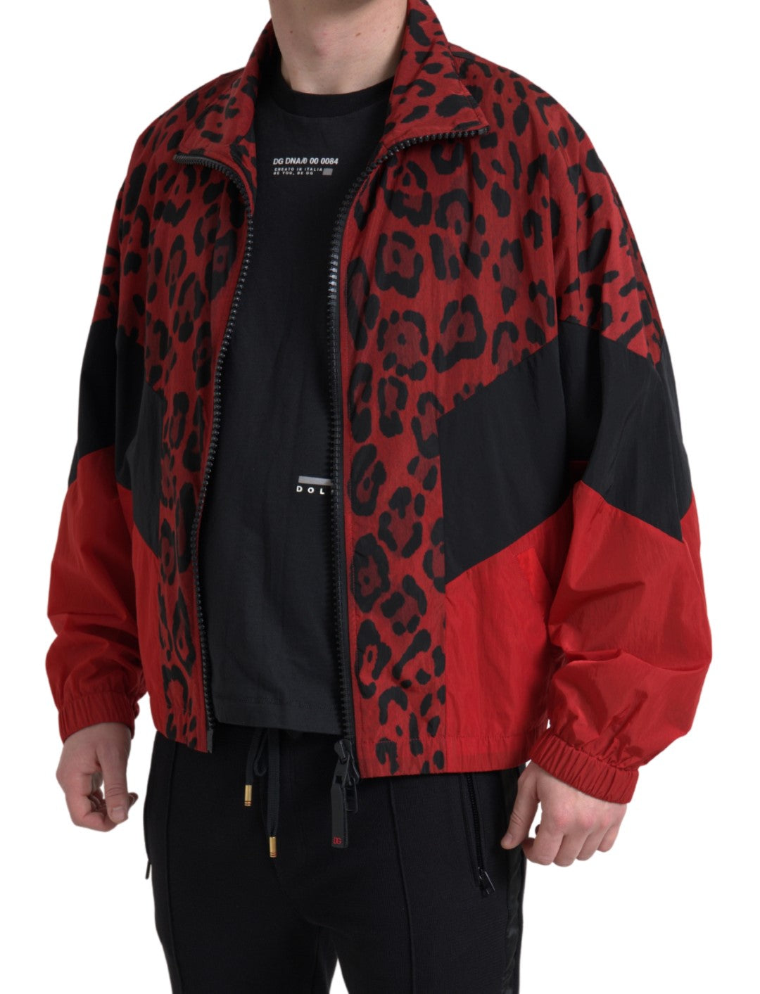 Dolce & Gabbana Roter Leopard Nylon Pullover mit Reißverschluss