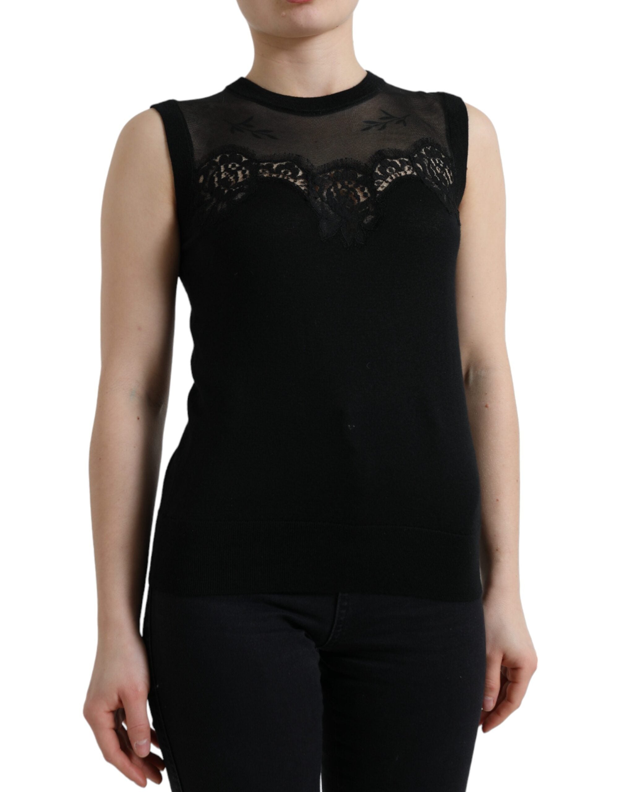 Dolce & Gabbana Schwarzes ärmelloses Tank-Top mit Spitzenbesatz aus Kaschmir