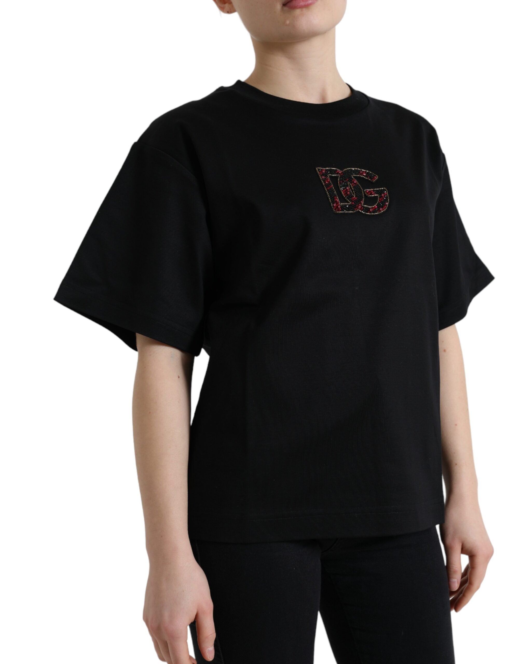 Dolce & Gabbana Schwarzes Baumwoll-T-Shirt DG Crystal Crewneck Tee