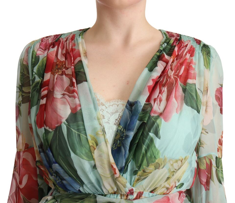 Dolce & Gabbana Multicolor Grün Floral Seiden Wickel Midikleid