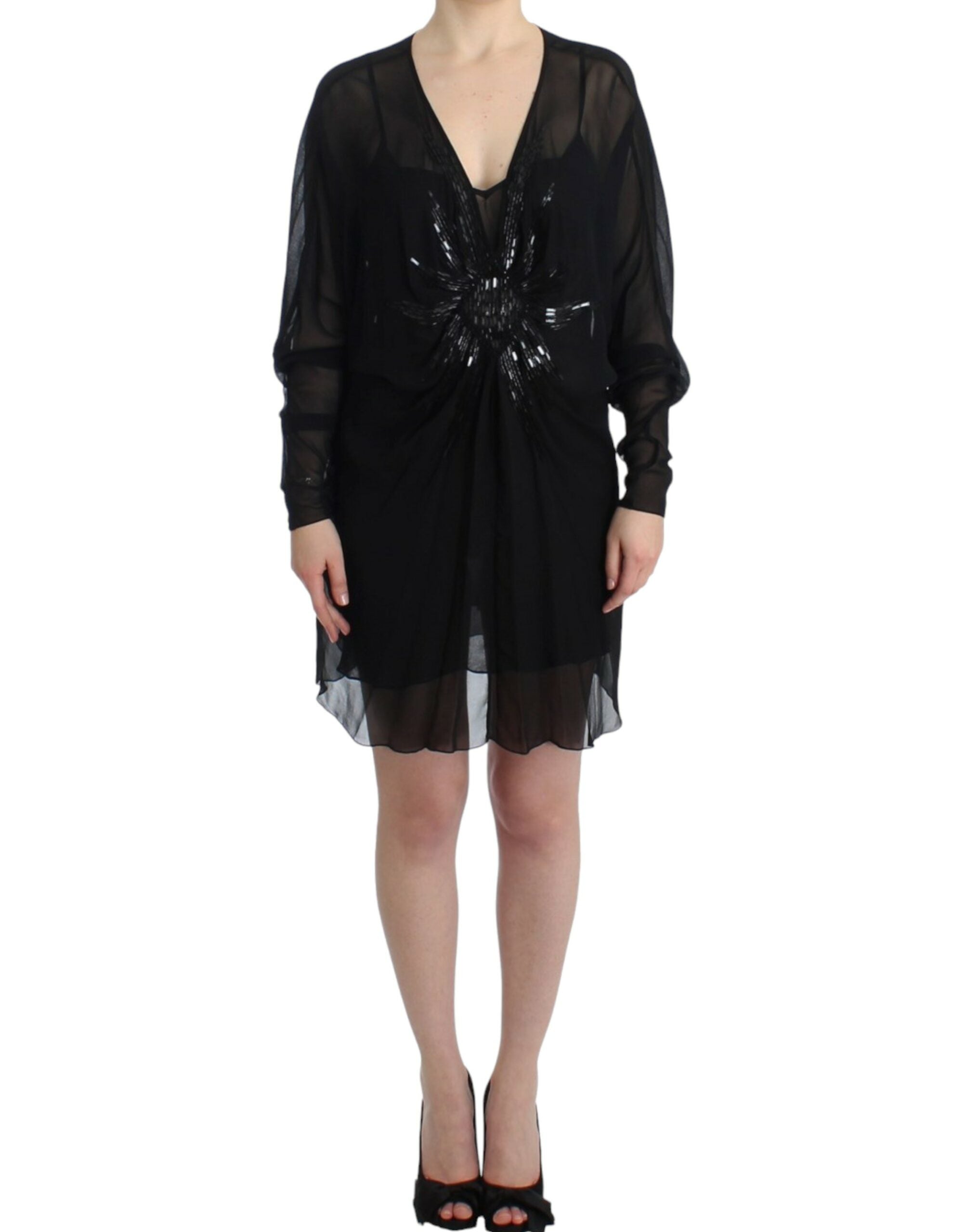 Cavalli Schwarzes langärmeliges Seidenkleid