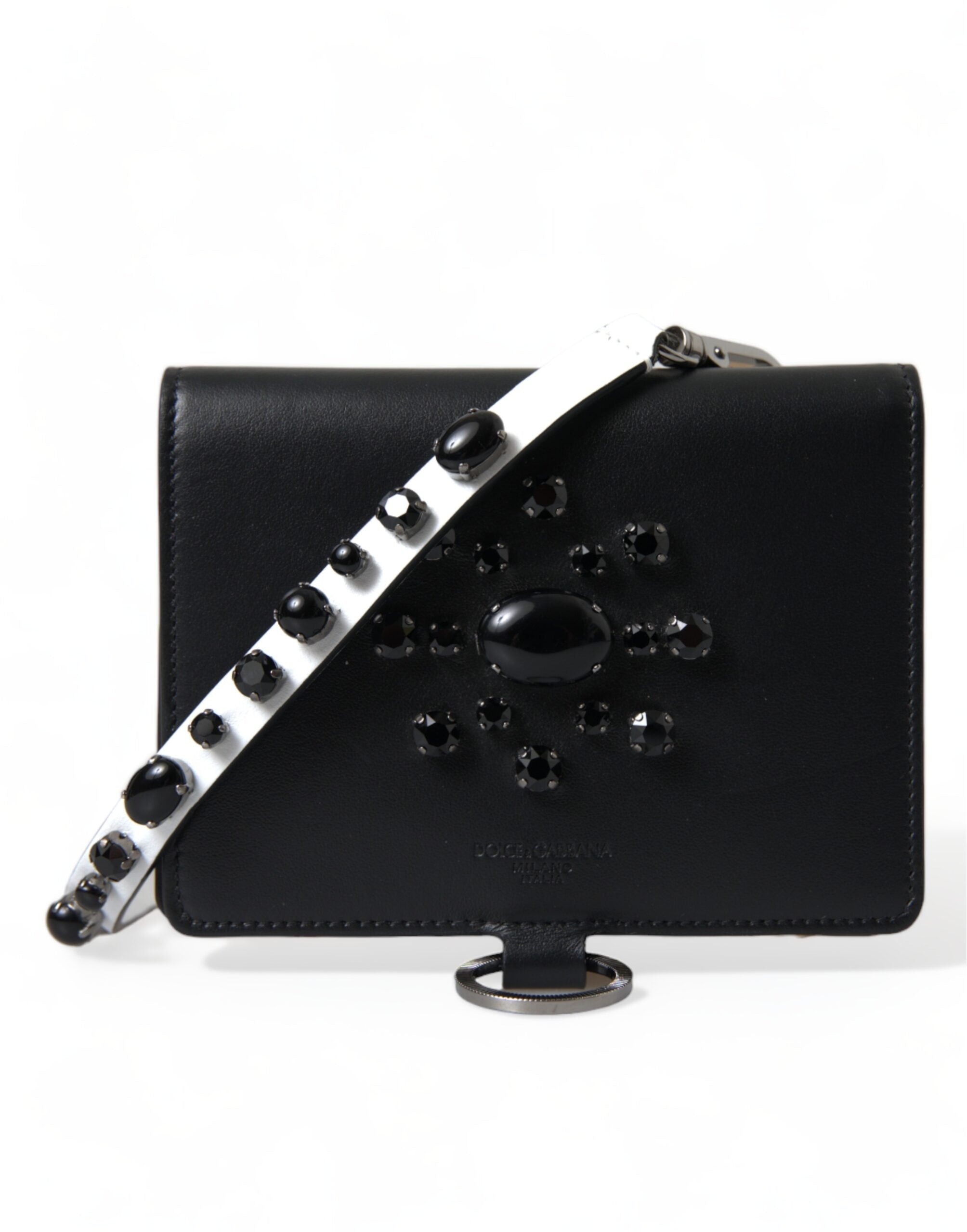 Dolce & Gabbana Schwarzes Leder Crystal verschönert Kartenhalter Brieftasche