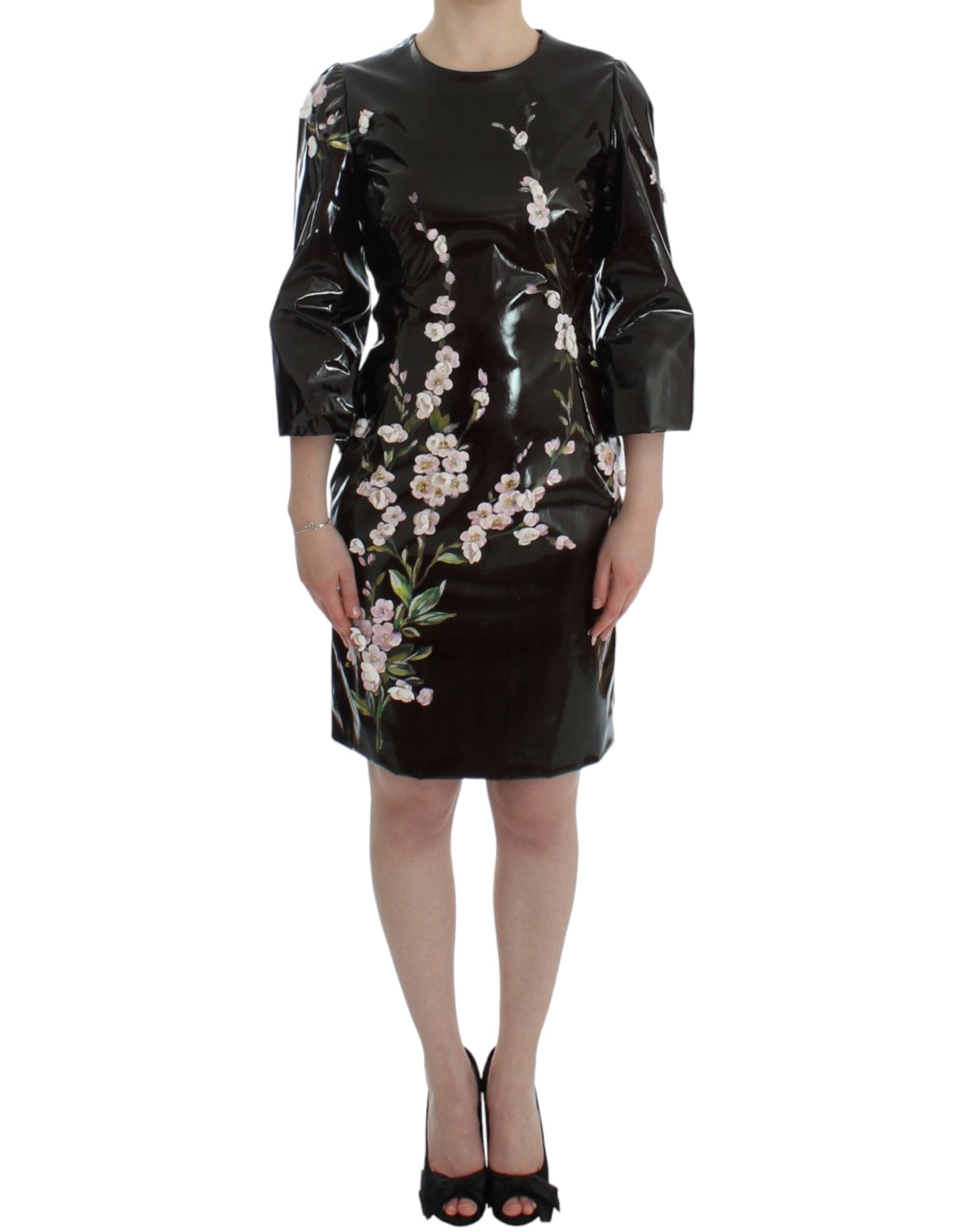 Dolce & Gabbana Schwarzes geblümtes 3/4-Ärmel-Etuikleid