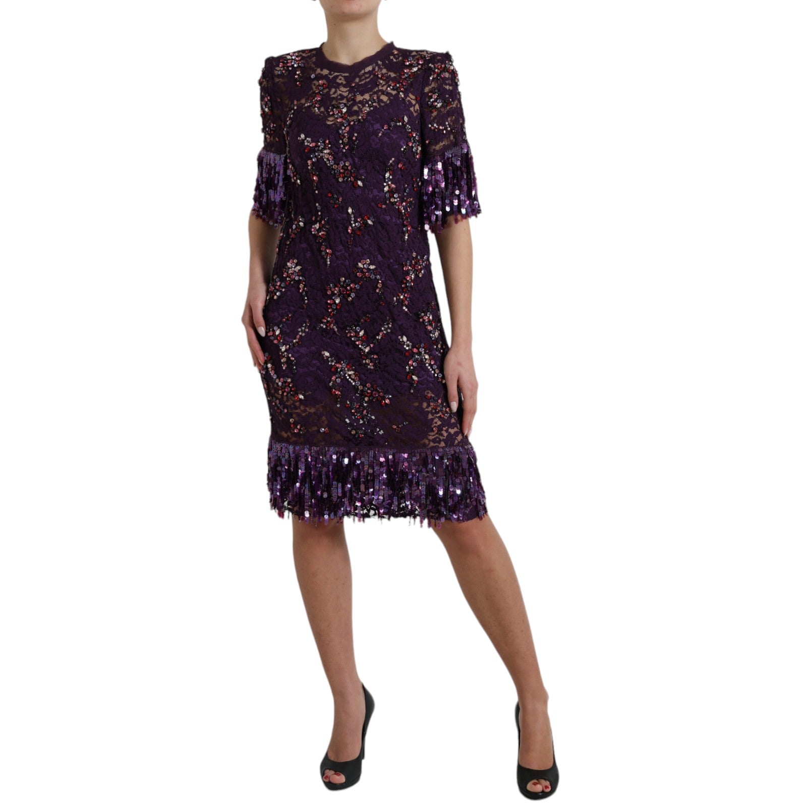 Dolce & Gabbana Lila florale Spitze Kristall eingebettet Kleid