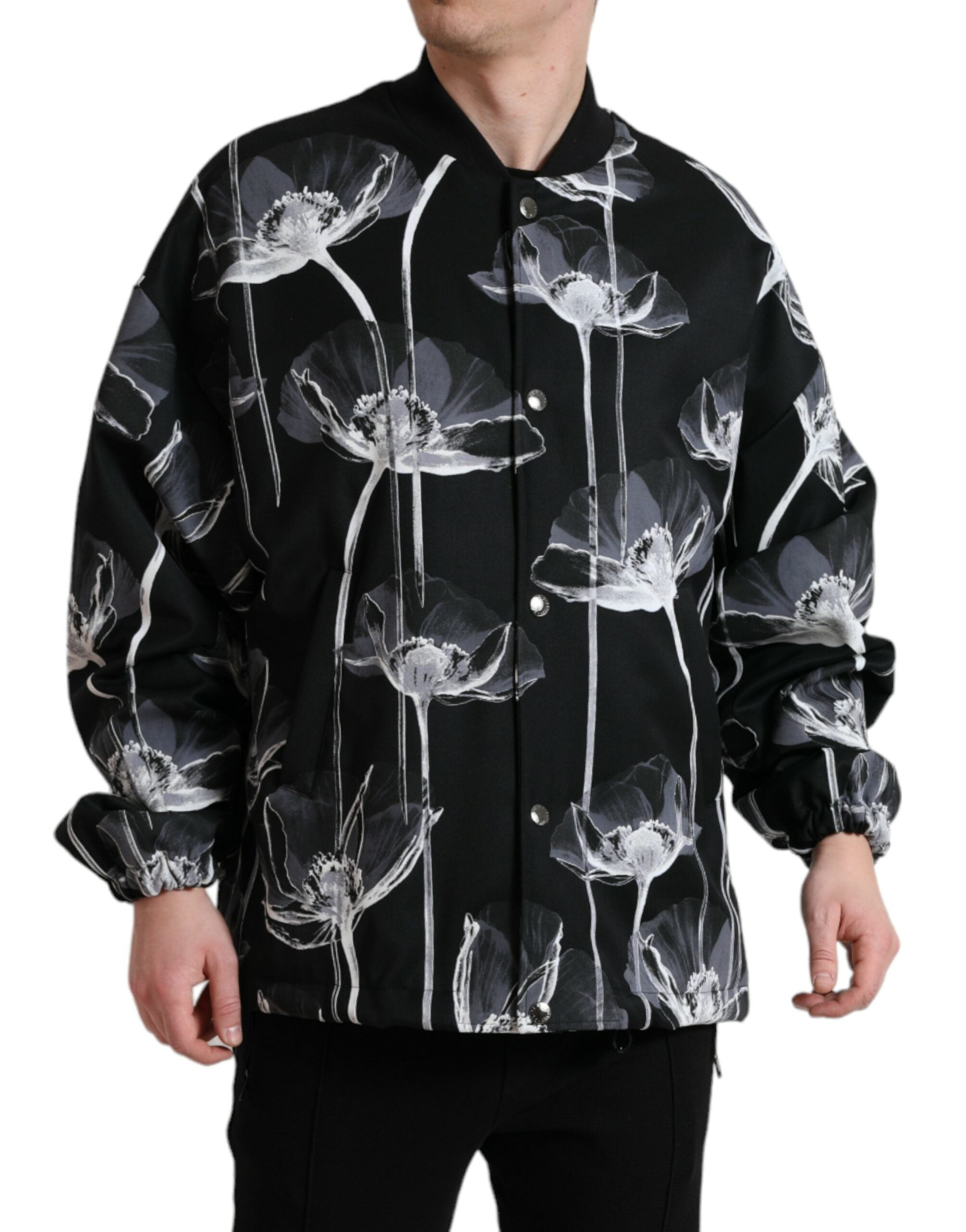 Dolce & Gabbana Schwarze Bomberjacke aus Wolle mit Blumendruck und Knopfleiste