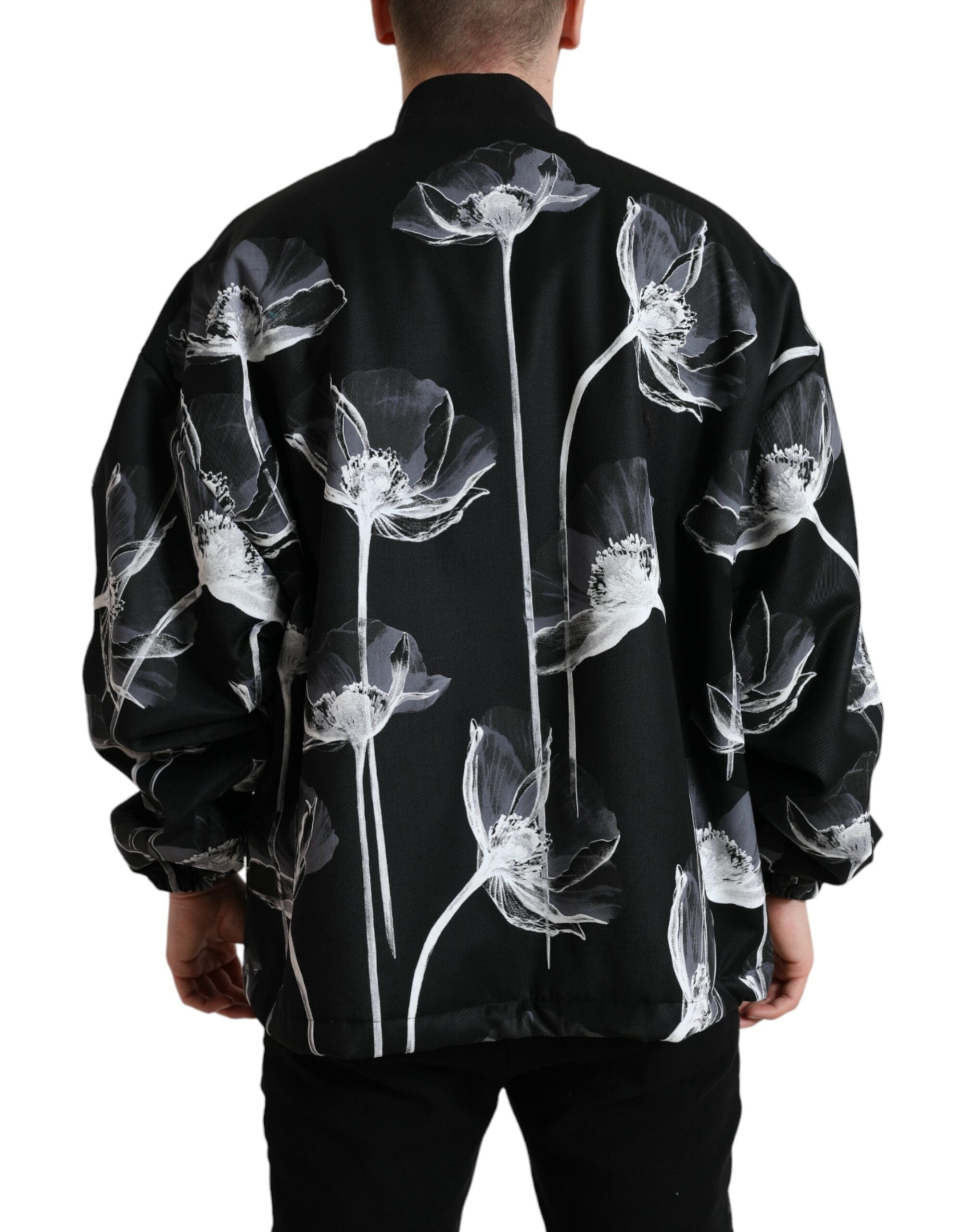Dolce & Gabbana Schwarze Bomberjacke aus Wolle mit Blumendruck und Knopfleiste