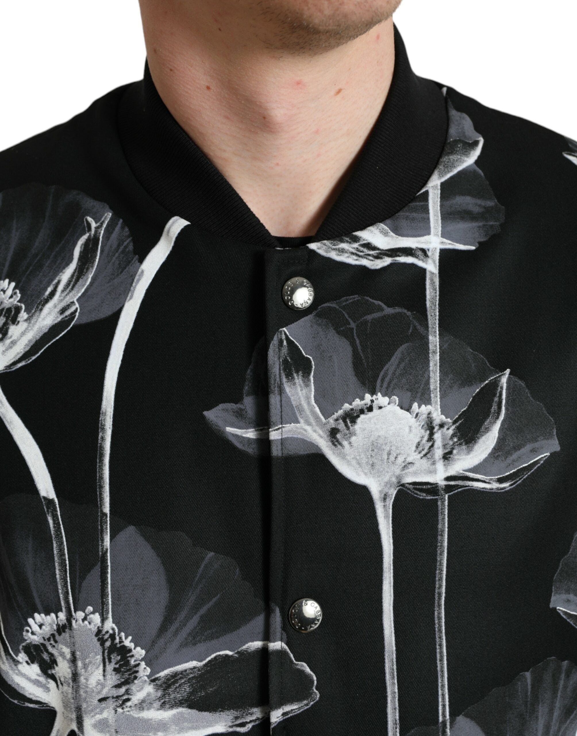 Dolce & Gabbana Schwarze Bomberjacke aus Wolle mit Blumendruck und Knopfleiste