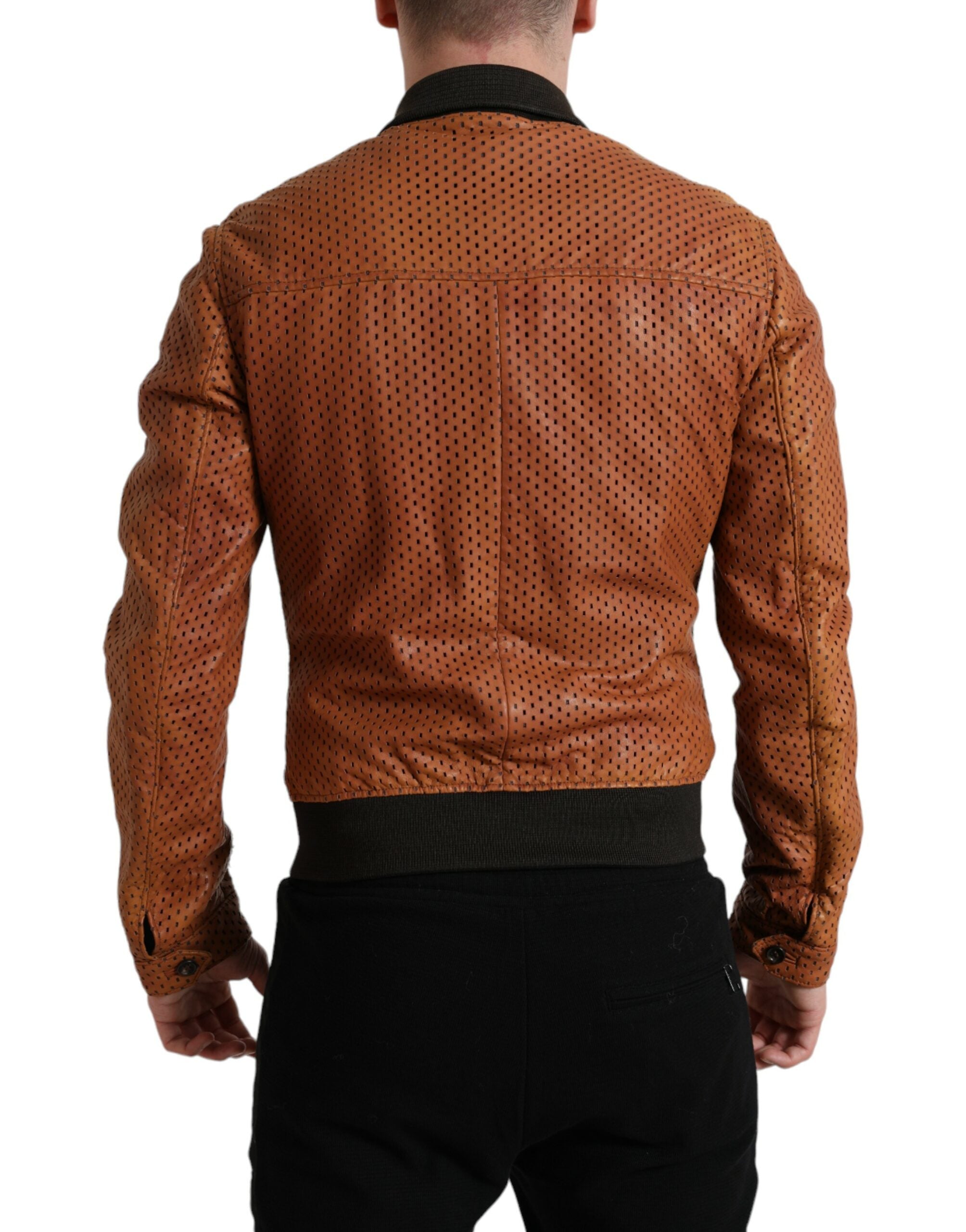 Dolce & Gabbana Braune Lammfelllederjacke mit Perforation