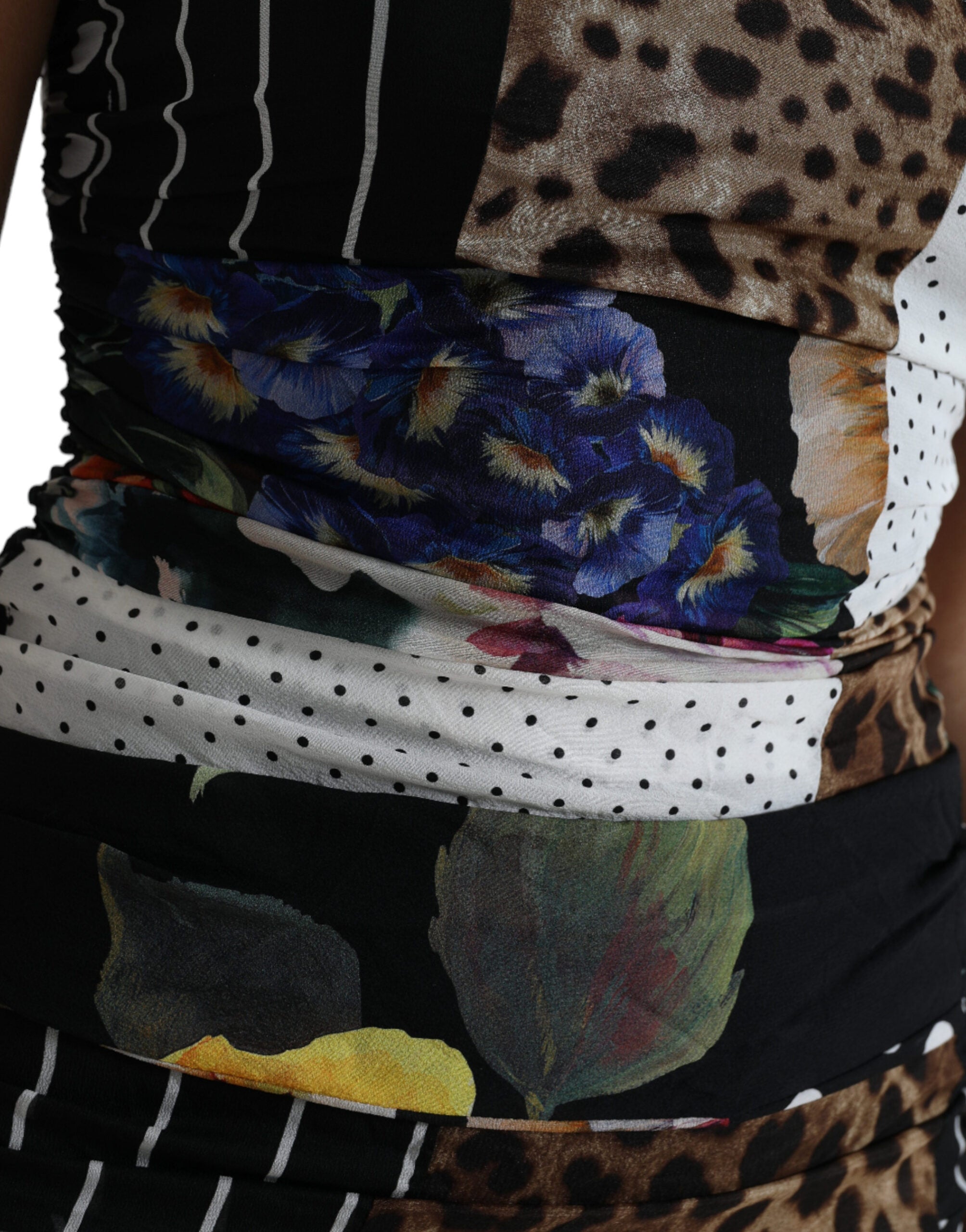 Dolce & Gabbana Mehrfarbiges Patchwork Midi-Leopard-Bodycon-Kleid mit Blumenmuster