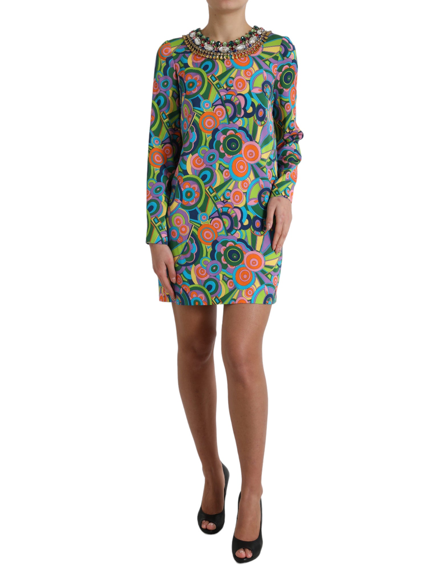Dolce & Gabbana Multicolor Geometrischer Druck Seide Kristalle Midikleid