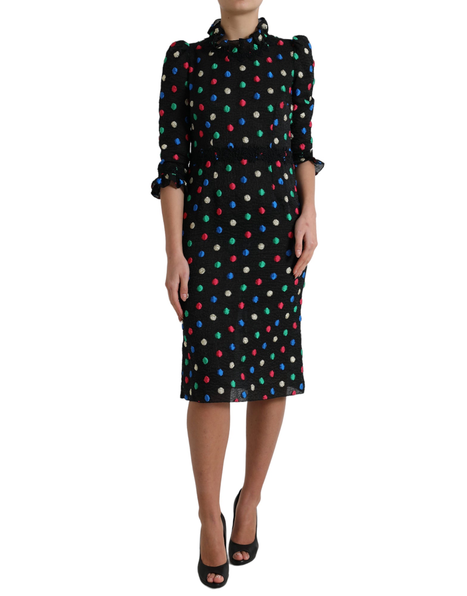 Dolce & Gabbana Schwarzes gepunktetes Midikleid mit Rüschen aus Baumwolle