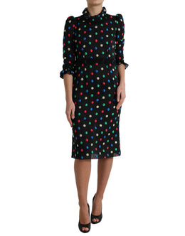 Dolce & Gabbana Schwarzes gepunktetes Midikleid mit Rüschen aus Baumwolle
