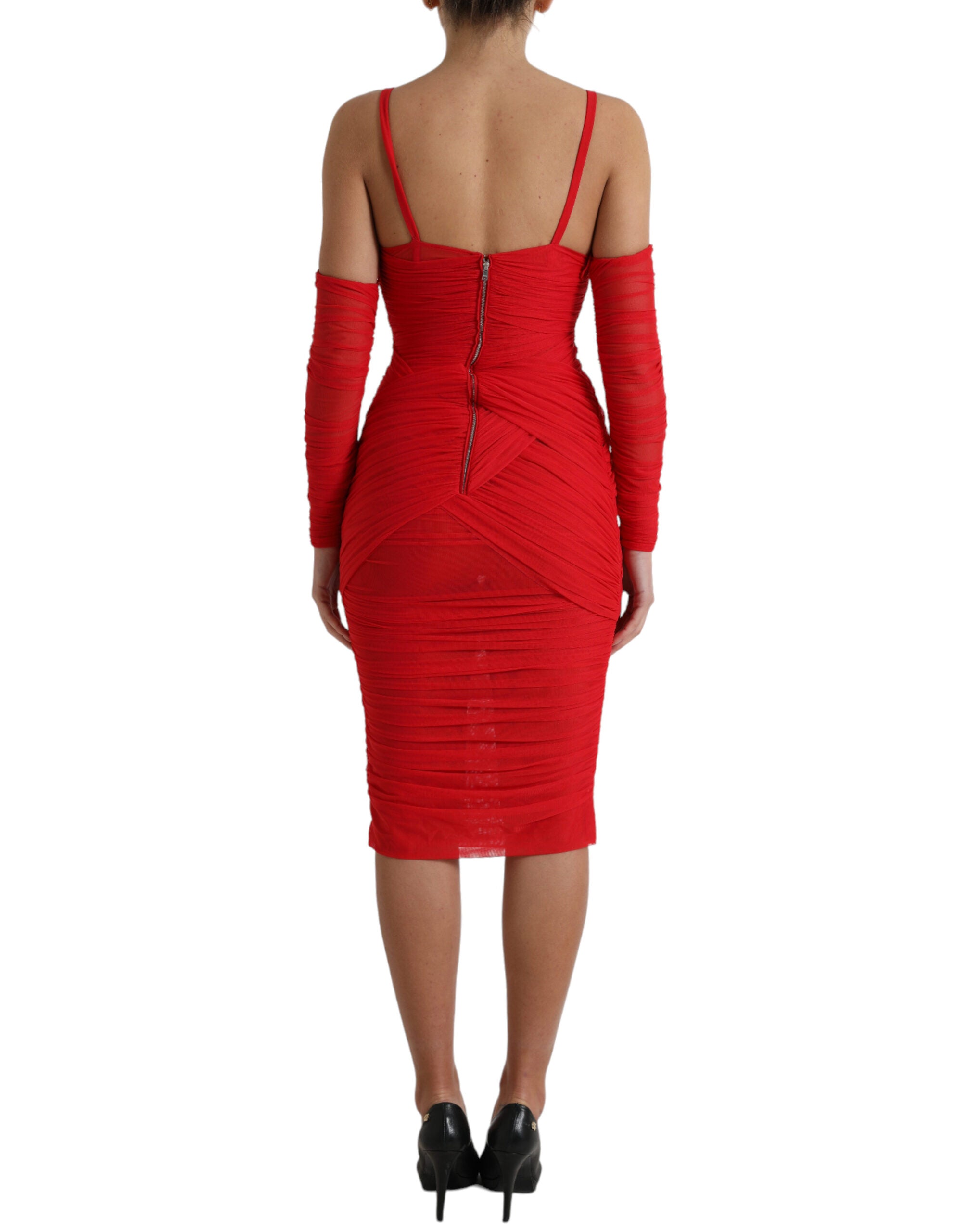 Dolce & Gabbana Rotes Nylon Stretch Midikleid mit Ausschnitt