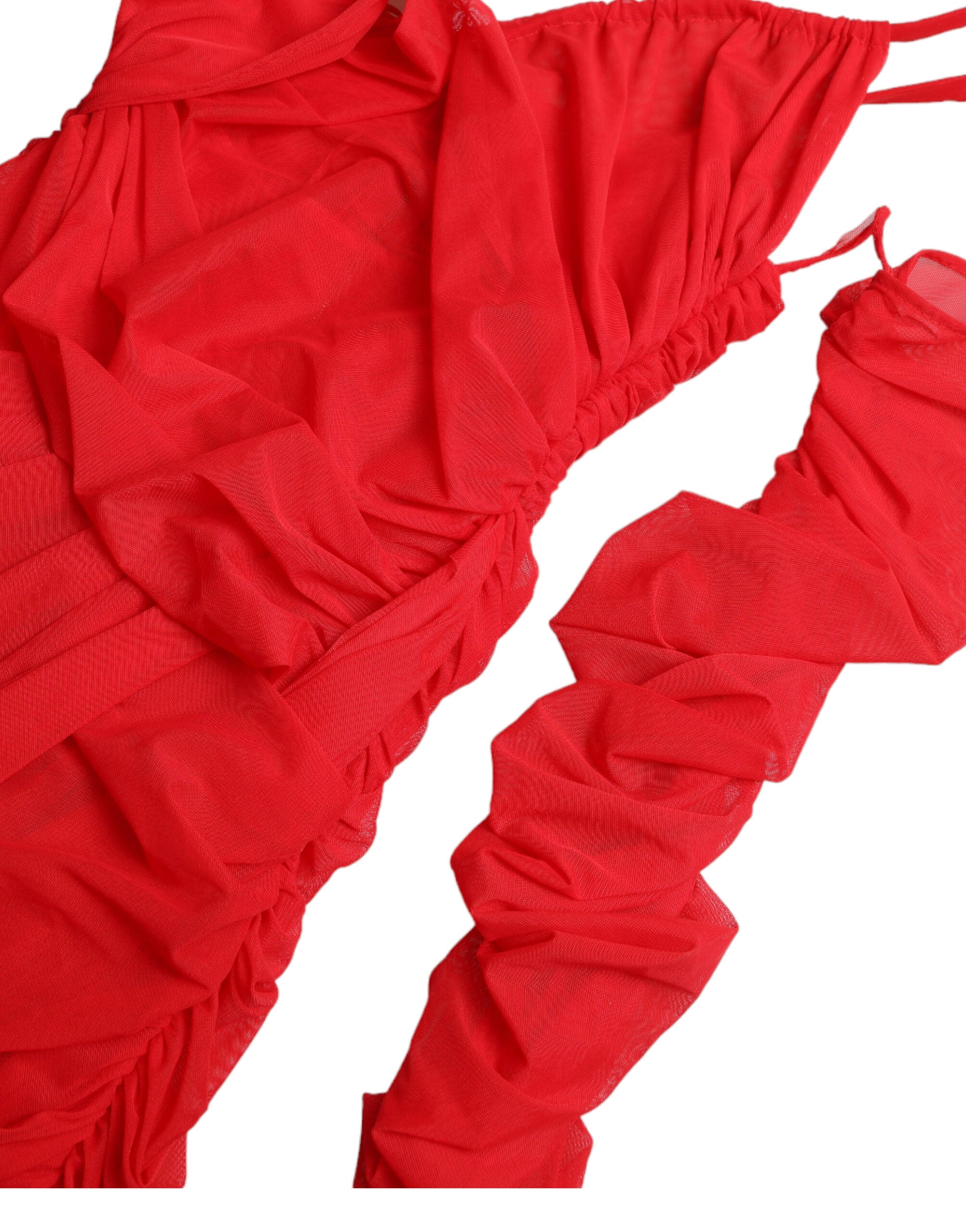 Dolce & Gabbana Rotes Nylon Stretch Midikleid mit Ausschnitt