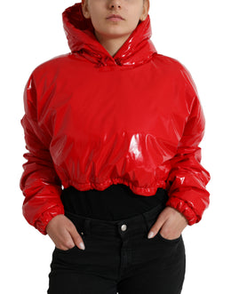 Dolce & Gabbana Glänzend rote Kurzmantel-Jacke mit Kapuze