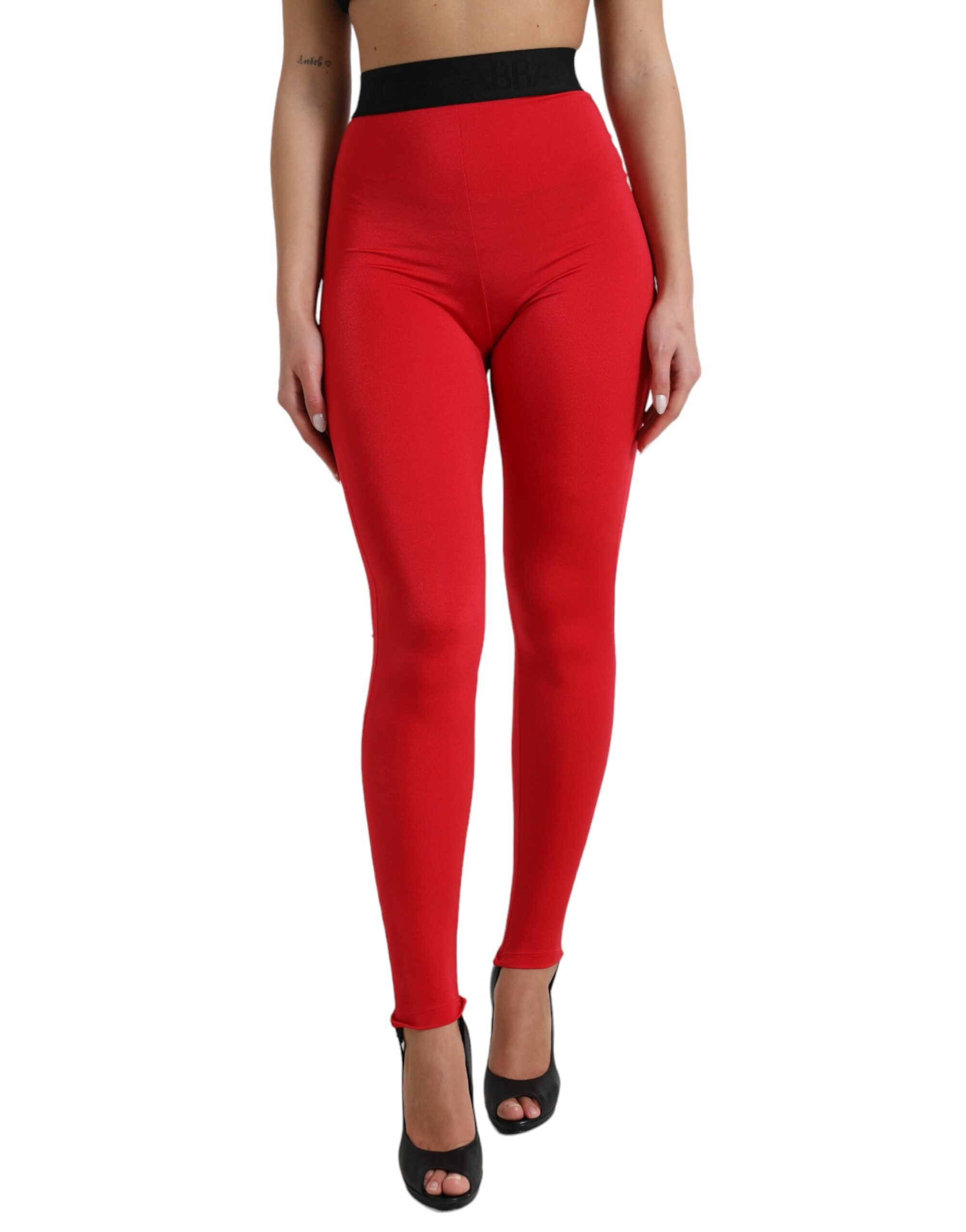 Dolce & Gabbana Rote Nylon DG Logo Slim Leggings Hose
