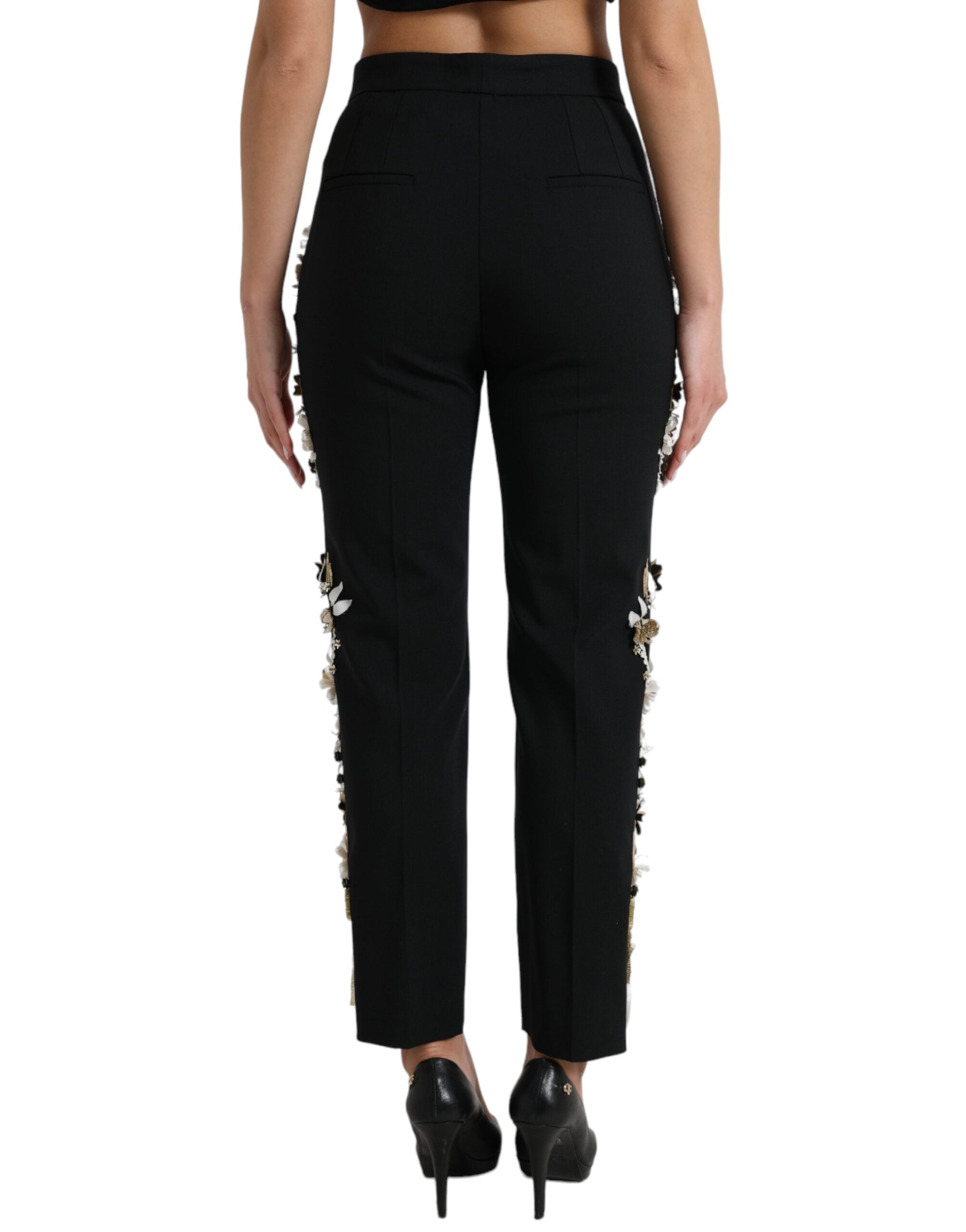 Dolce & Gabbana Schwarze Hose mit Blumenapplikation und hoher Taille, konisch zulaufend