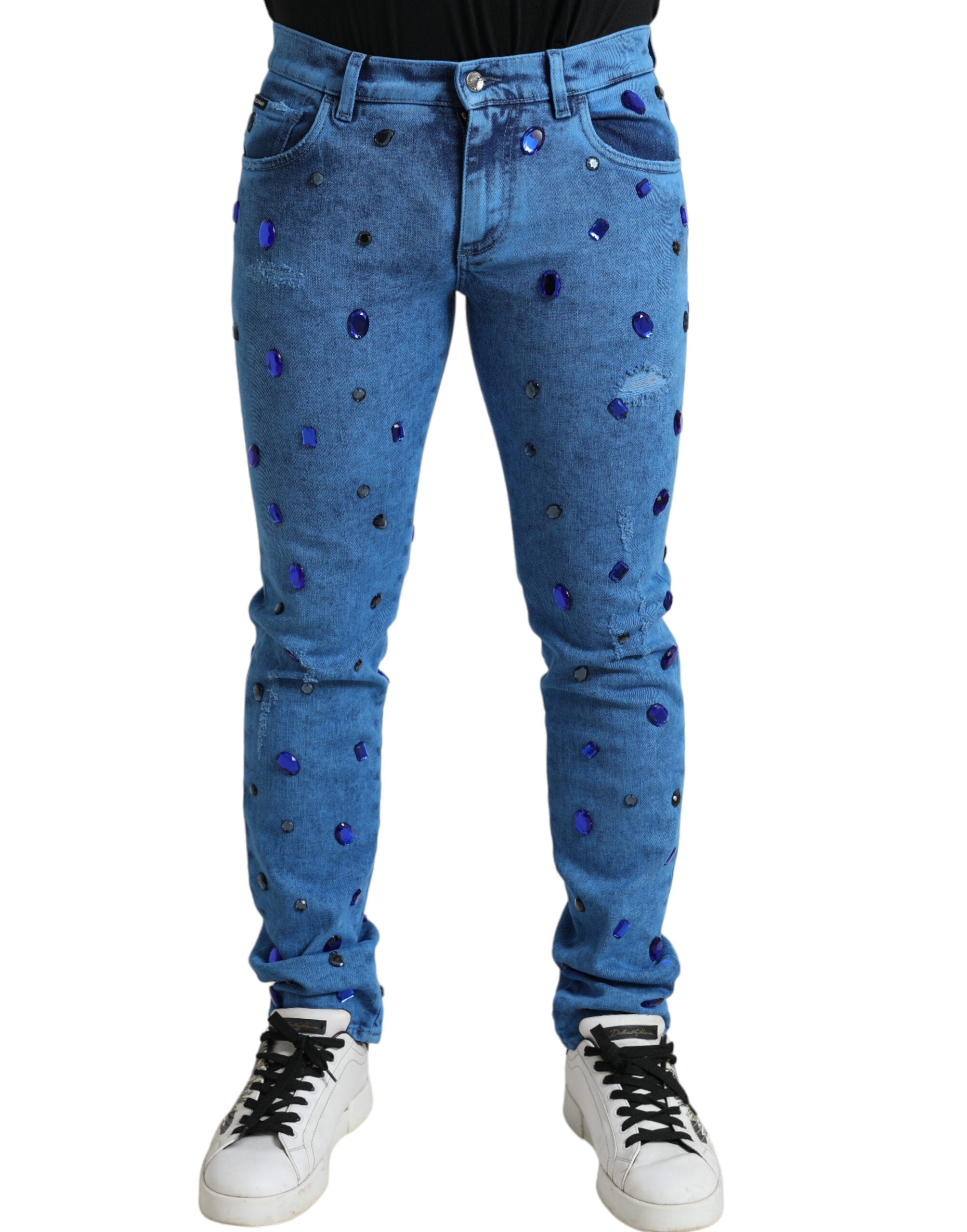 Dolce & Gabbana Blaue, kristallverzierte Skinny Denim Jeans