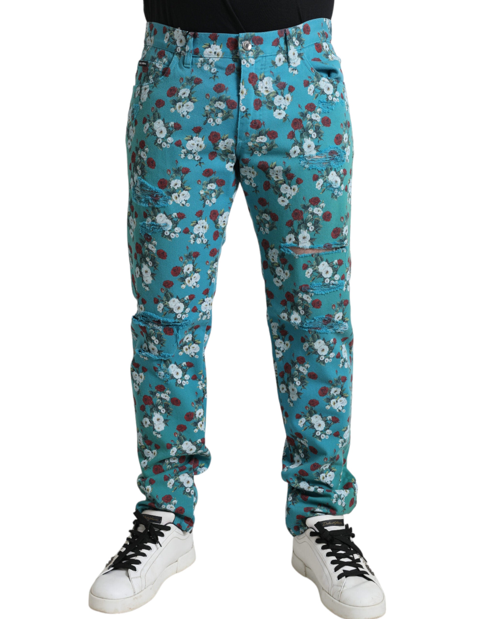 Dolce & Gabbana Blaue Skinny Denim-Hose aus Baumwolle mit Blumendruck