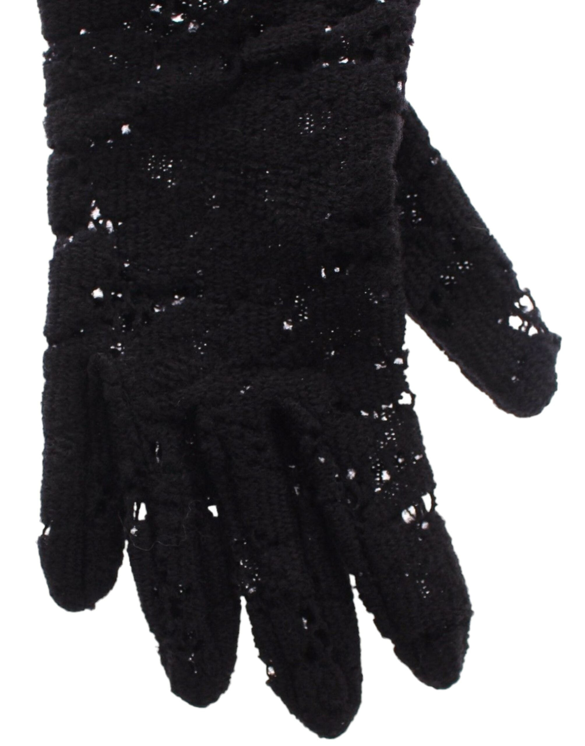 Dolce & Gabbana Schwarze Spitze Wolle Lammfell Pelz Ellenbogenhandschuhe