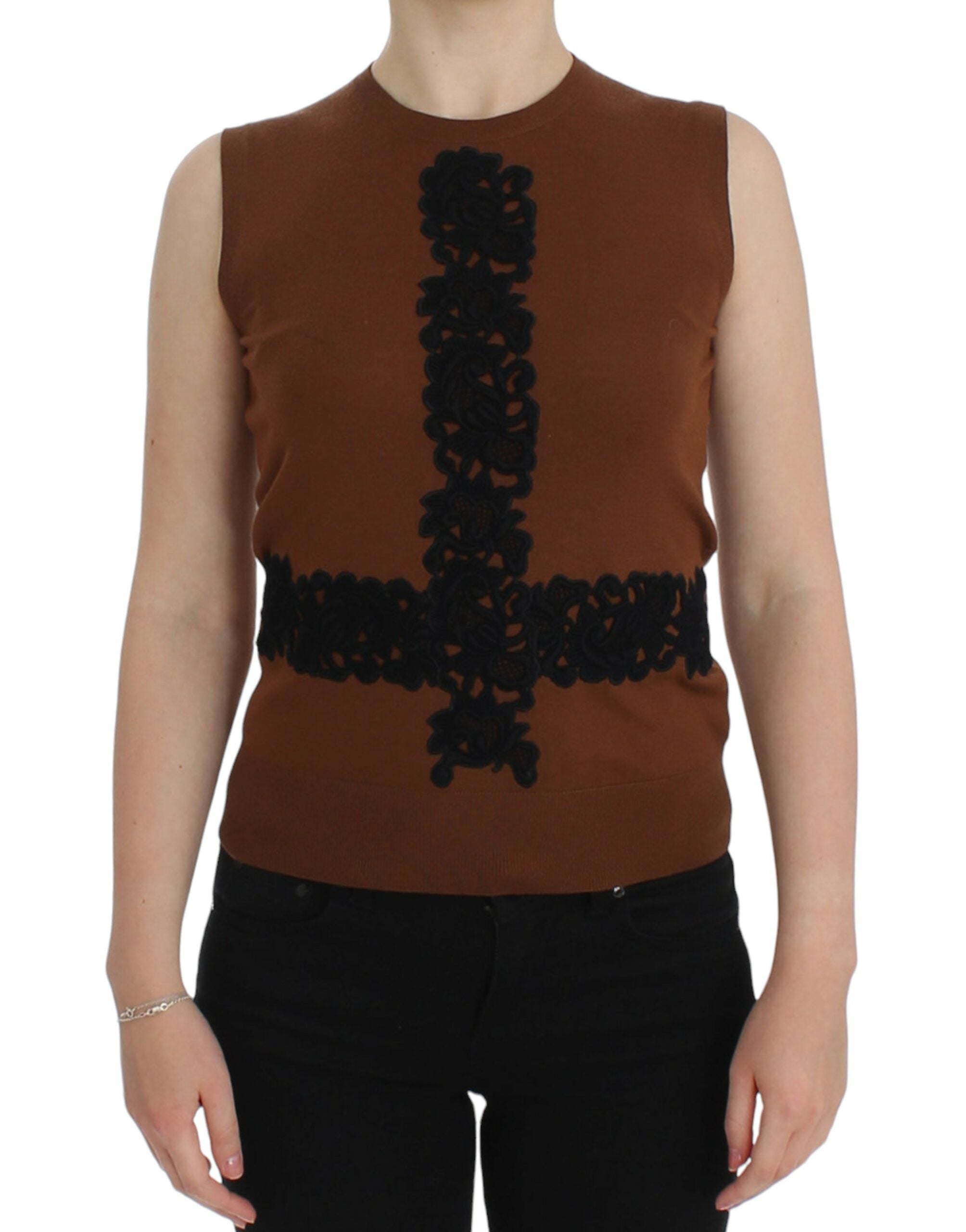 Dolce & Gabbana Braun Wolle Schwarz Spitze Weste Pullover Top