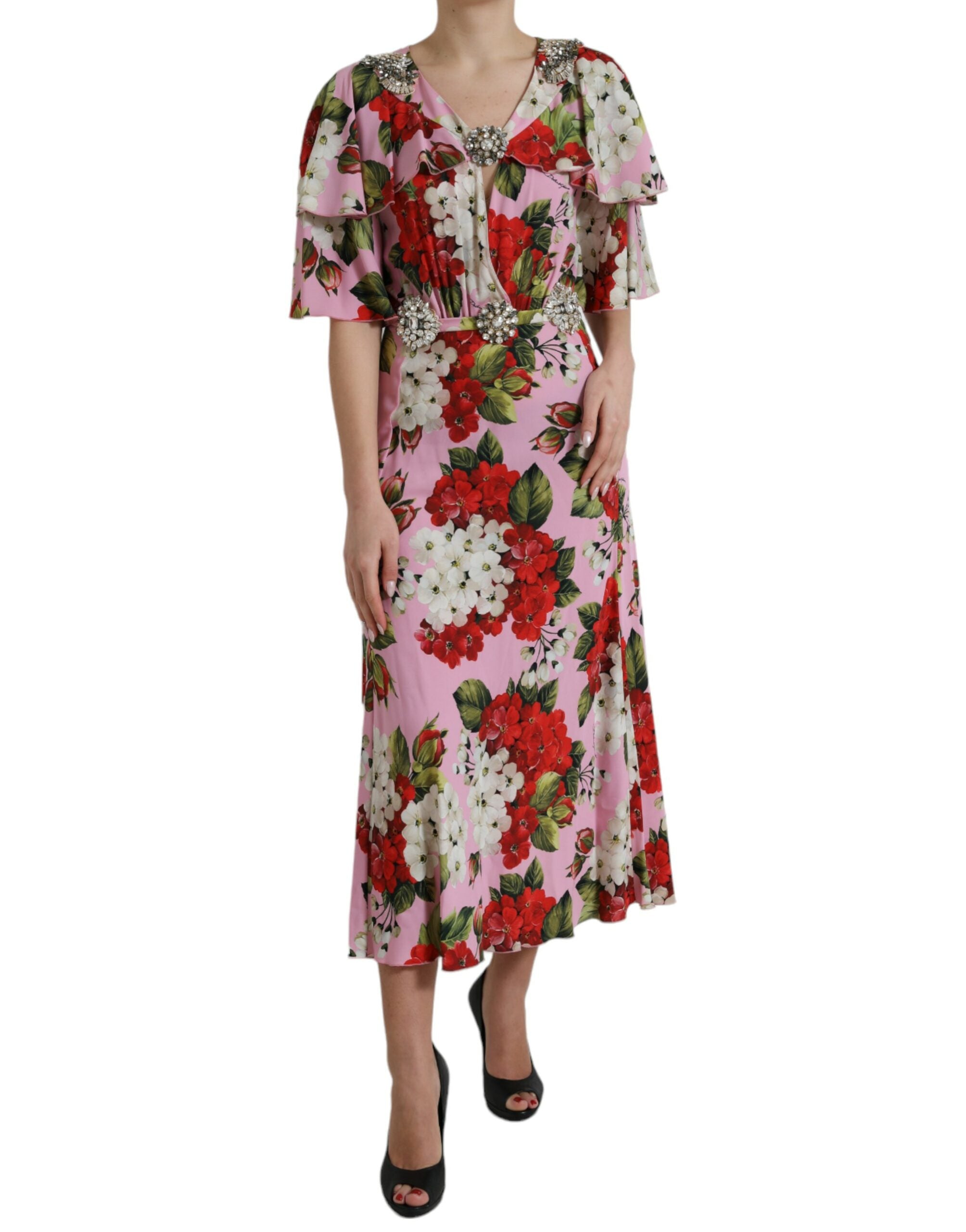 Dolce & Gabbana Multicolor Floral Crystal verschönertes A-Linien-Kleid