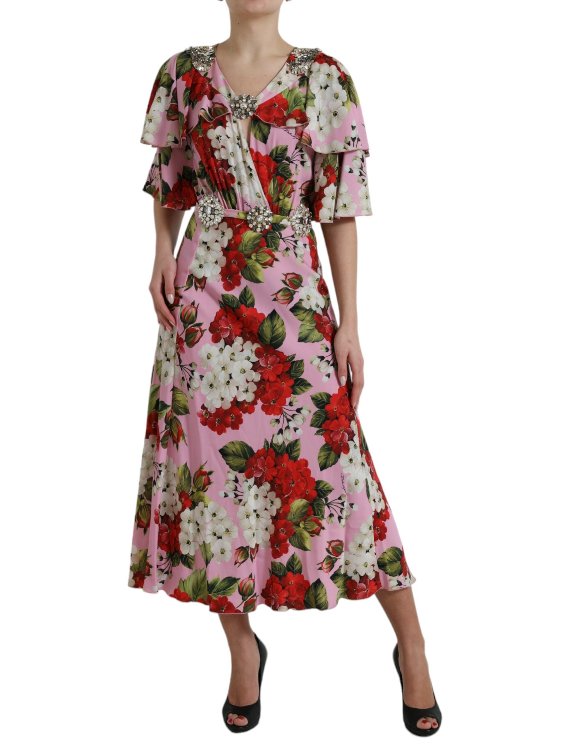 Dolce & Gabbana Multicolor Floral Crystal verschönertes A-Linien-Kleid