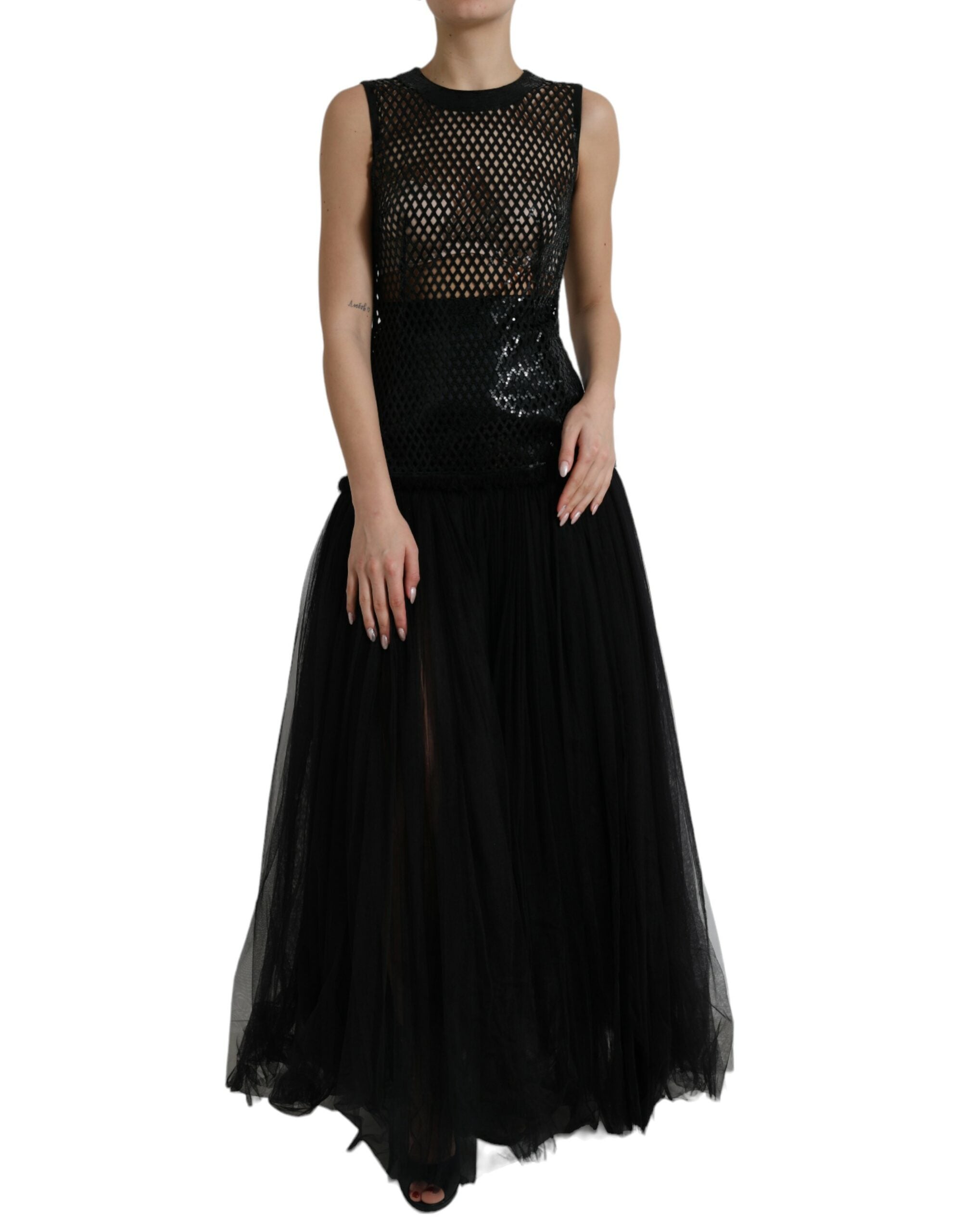 Dolce & Gabbana Schwarzes paillettenbesetztes, ärmelloses Kleid aus Mesh