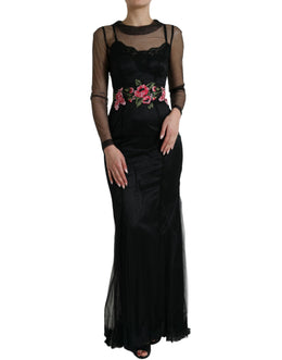 Dolce & Gabbana Schwarzes Kleid mit floraler Stickerei aus Mesh-Tüll