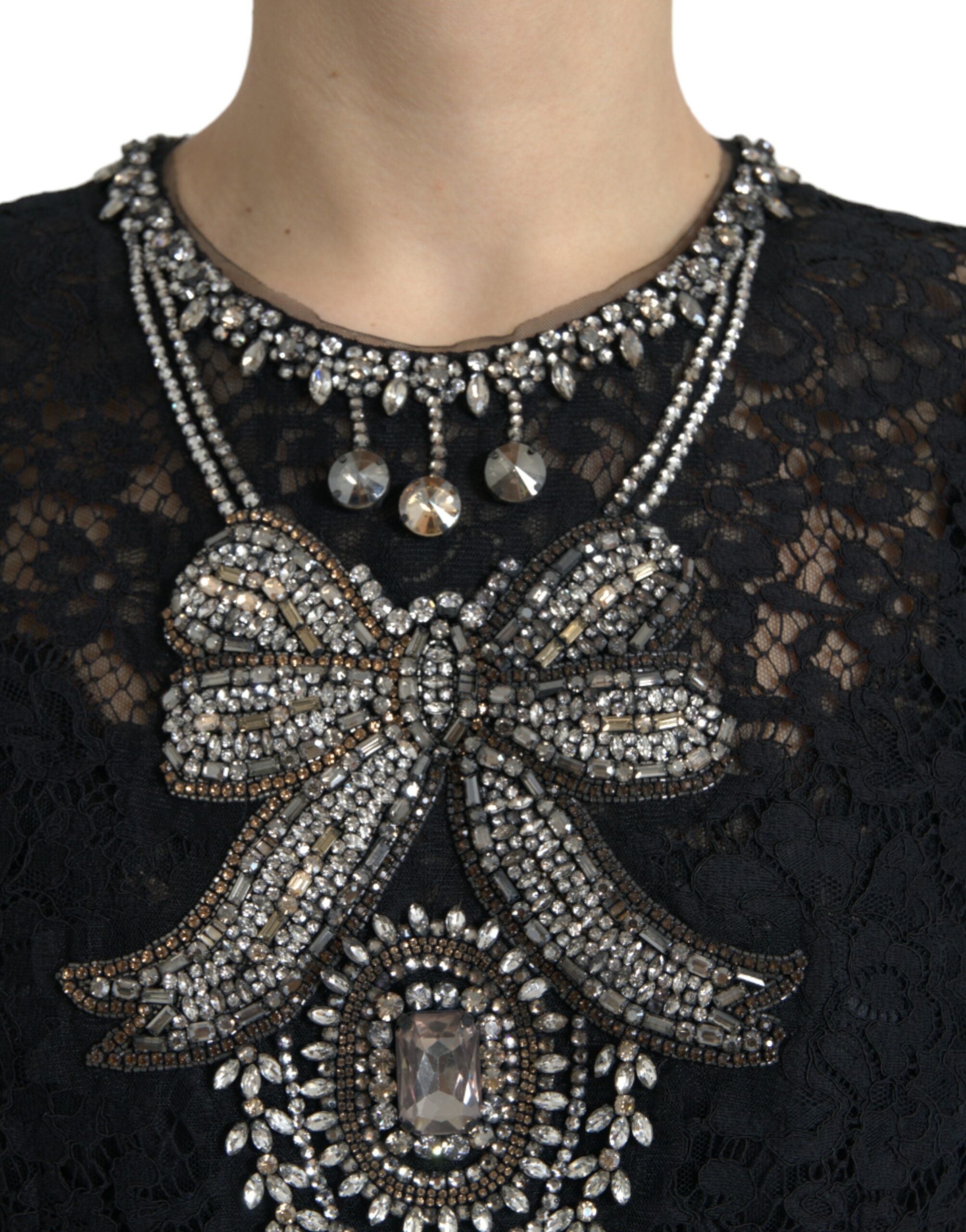 Dolce & Gabbana Schwarzes Etuikleid aus Spitze mit Kristallverzierung
