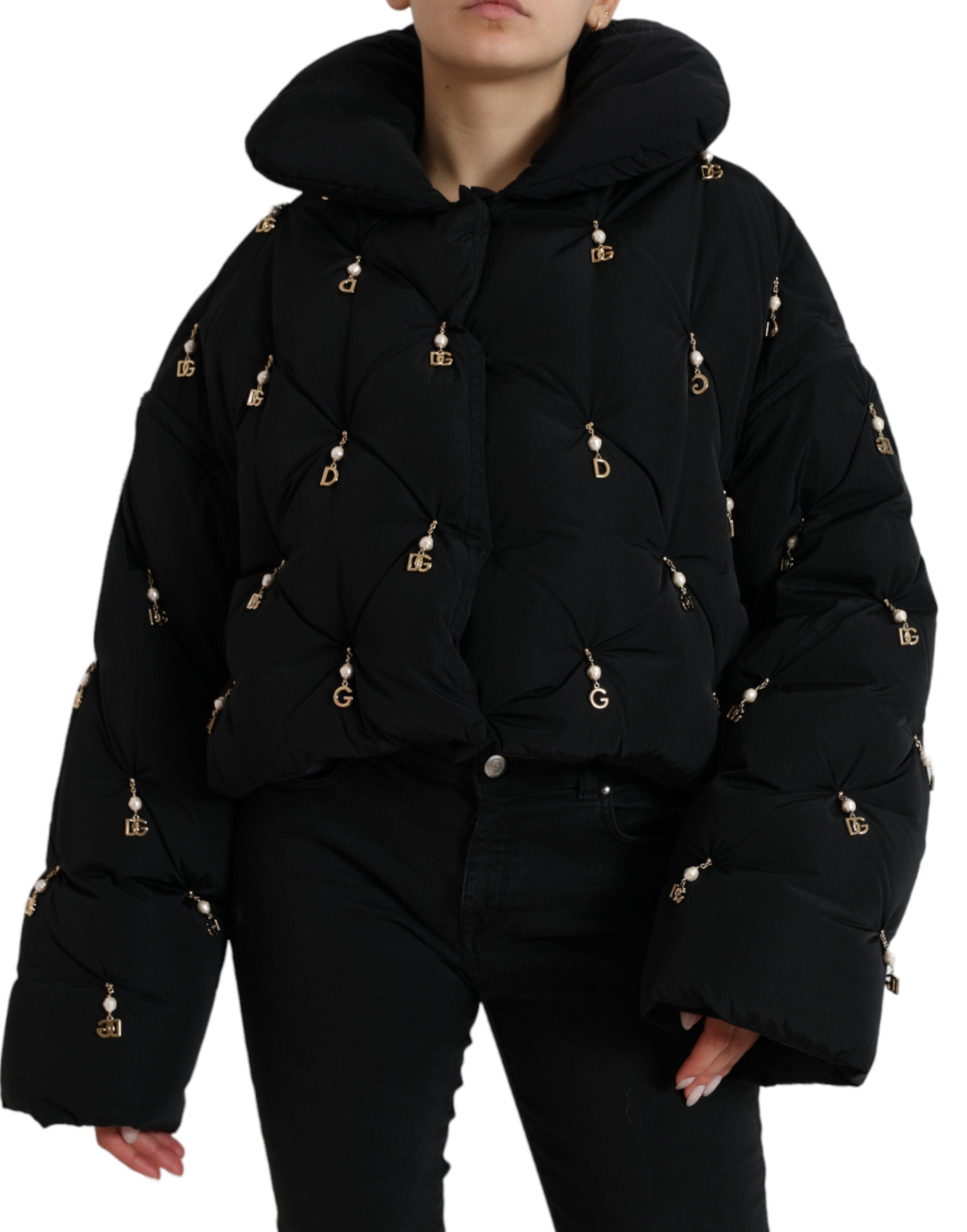 Dolce & Gabbana Schwarze Bomberjacke aus gestepptem Shell mit Verzierungen