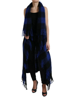 Dolce & Gabbana Schwarz Blau Büffelkaro Poncho Mantel Pullover