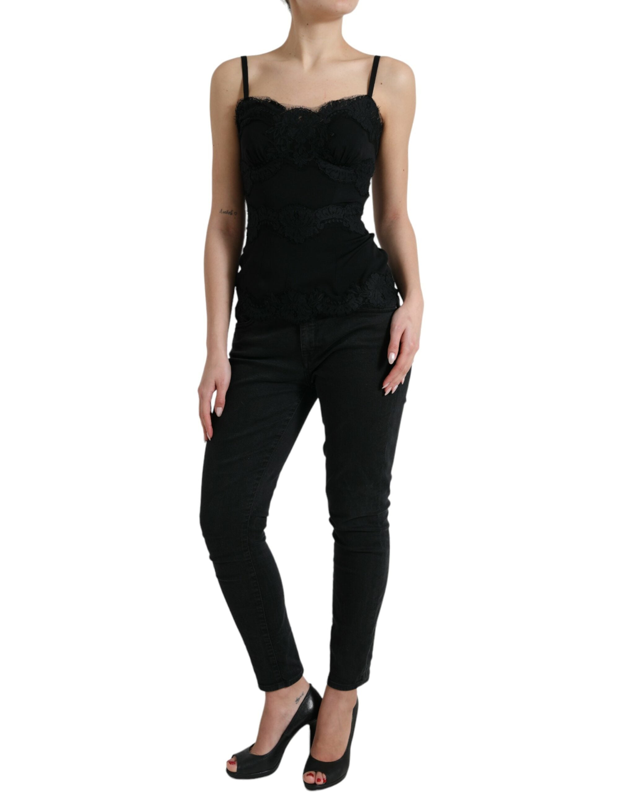 Dolce & Gabbana Schwarzes Seiden-Stretch-Spitzen-Tanktop ohne Ärmel
