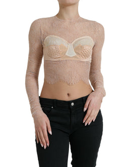 Dolce & Gabbana Beigefarbenes Nylon Bustier mit floraler Spitze und Cropped Top