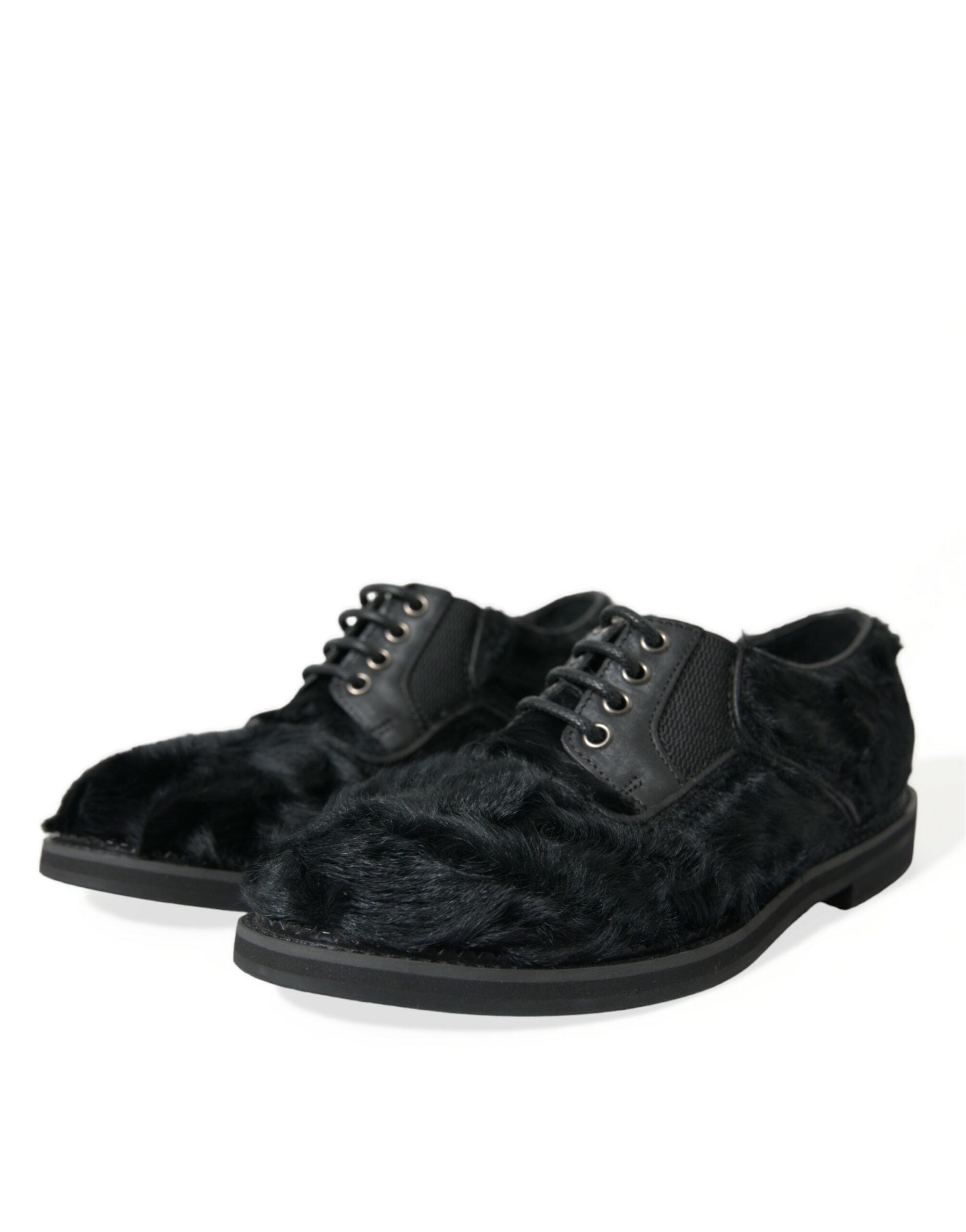 Dolce & Gabbana Schwarze Pelz Leder Schnürschuhe Derby Dress