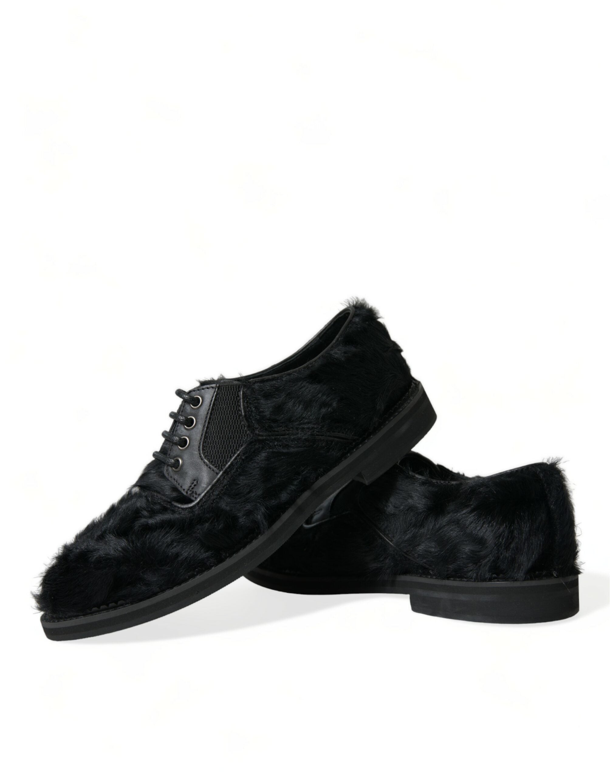 Dolce & Gabbana Schwarze Pelz Leder Schnürschuhe Derby Dress