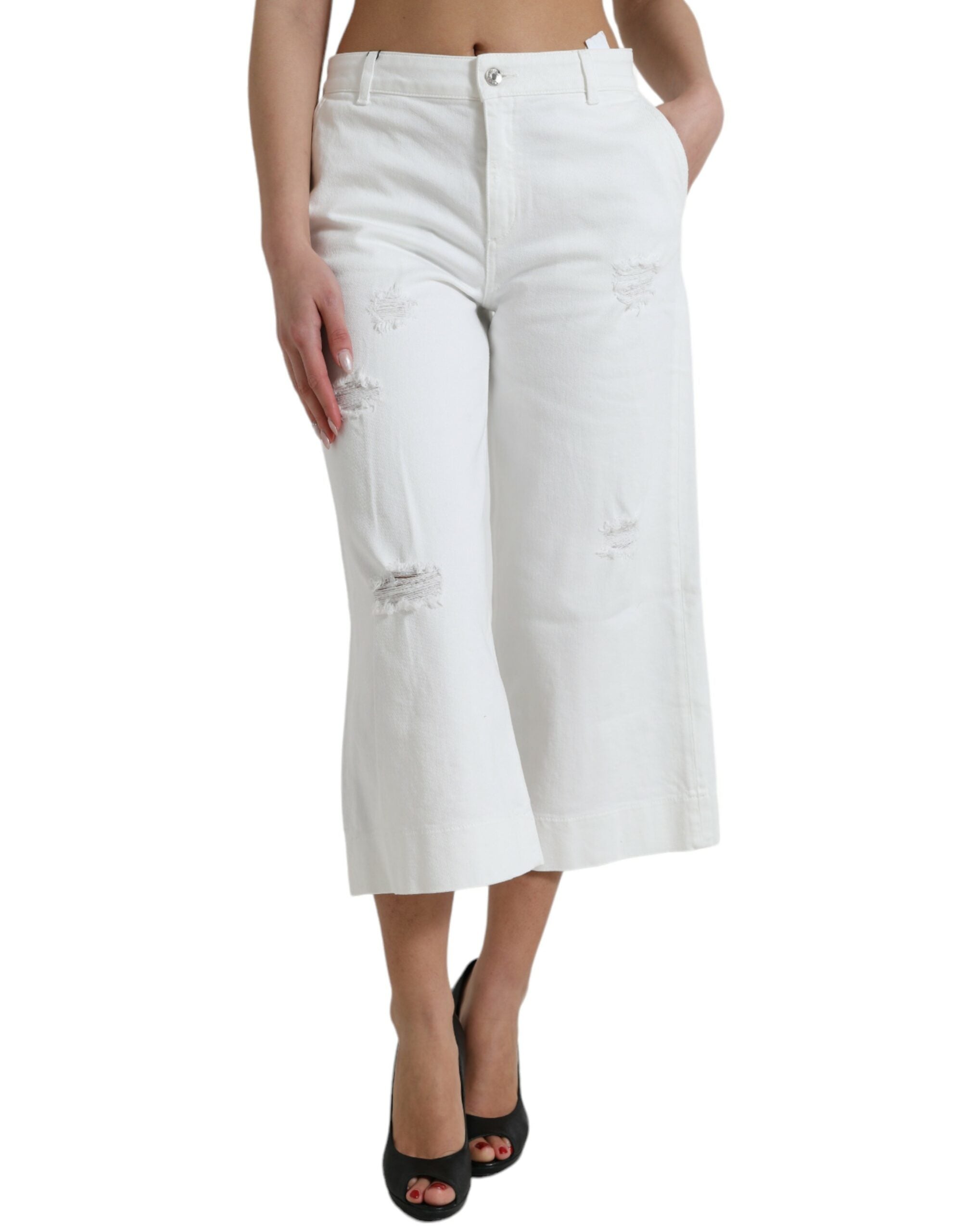 Dolce & Gabbana Weiße Baumwoll-Cropped Denim-Jeans mit weitem Bein
