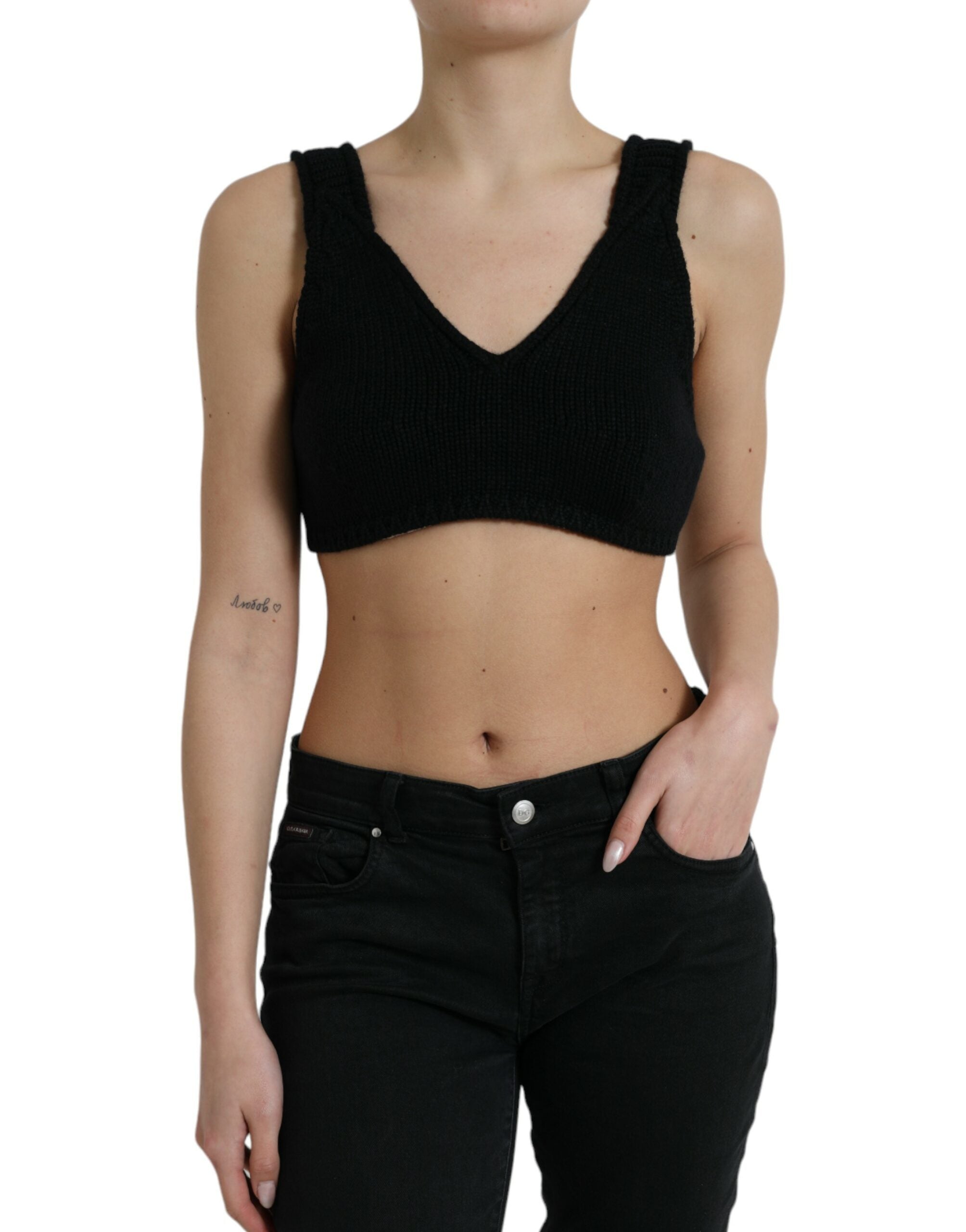 Dolce & Gabbana Schwarzes Bustier-Top mit V-Ausschnitt aus Kaschmir