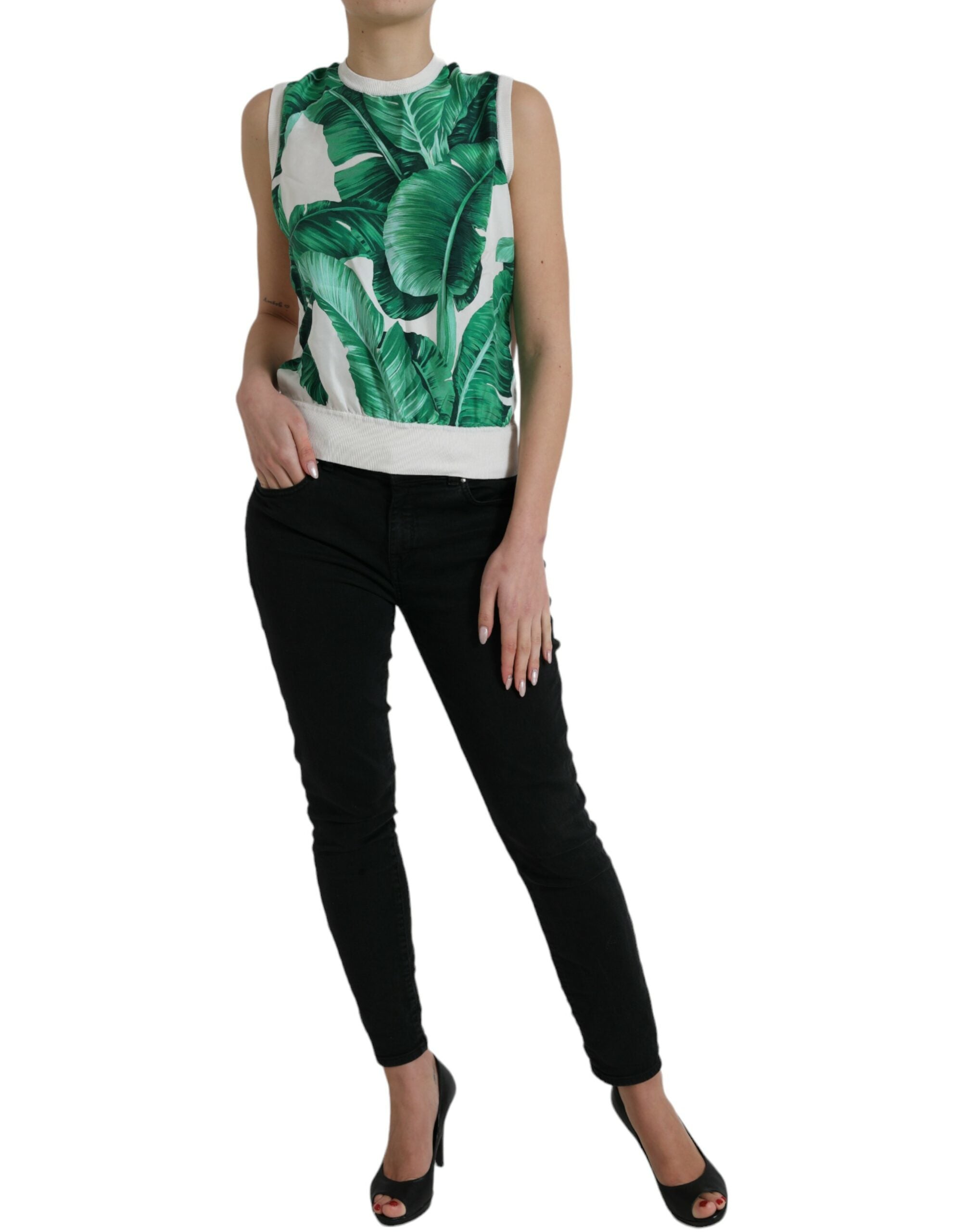 Dolce & Gabbana Weißes Bananenblatt Druck Rundhalsausschnitt Tank Top