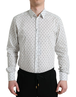 Dolce & Gabbana Weißes gemustertes Herren-Hemd GOLD Formal Dress Shirt