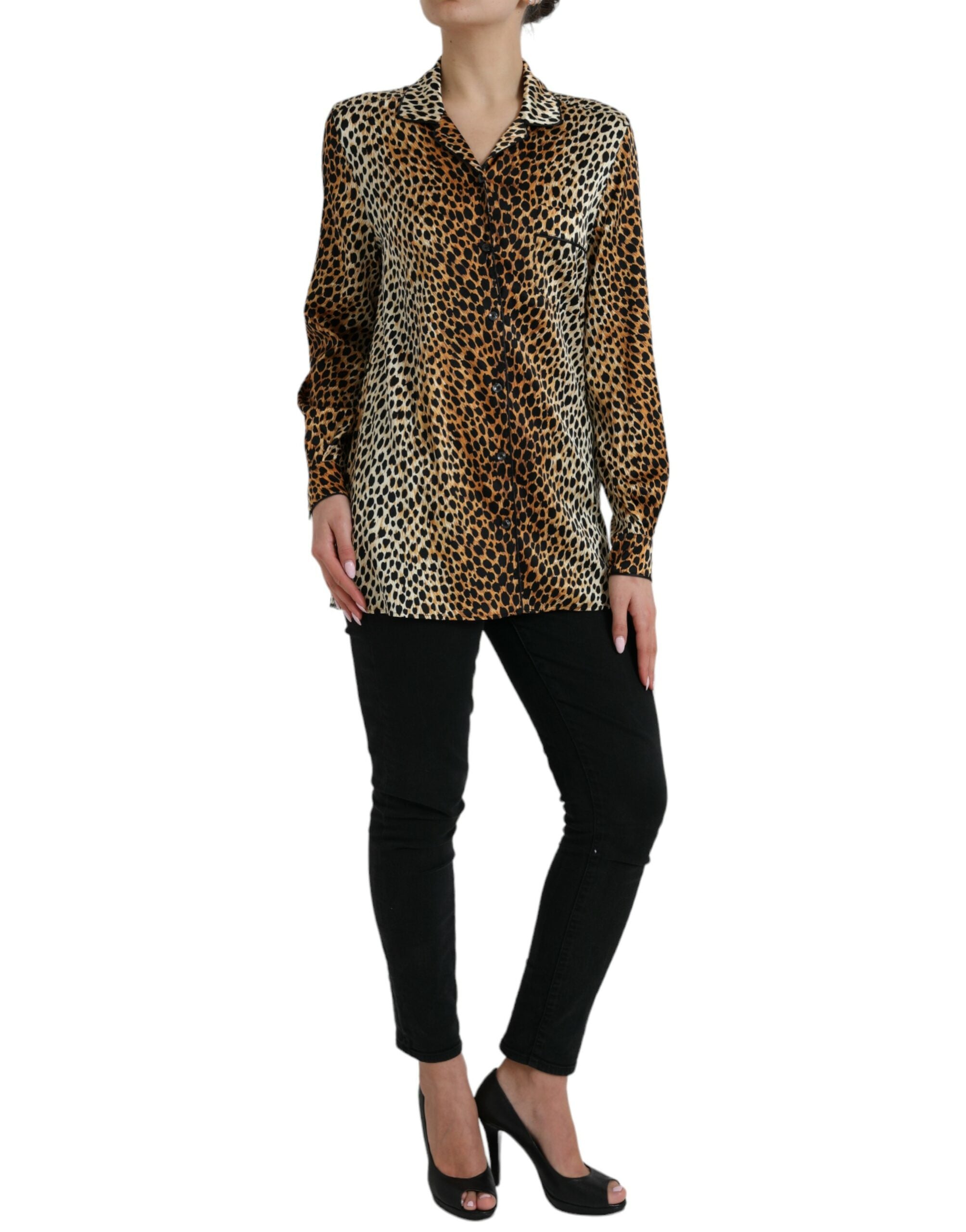 Dolce & Gabbana Braunes Leopardendruck Blusenoberteil mit langen Ärmeln