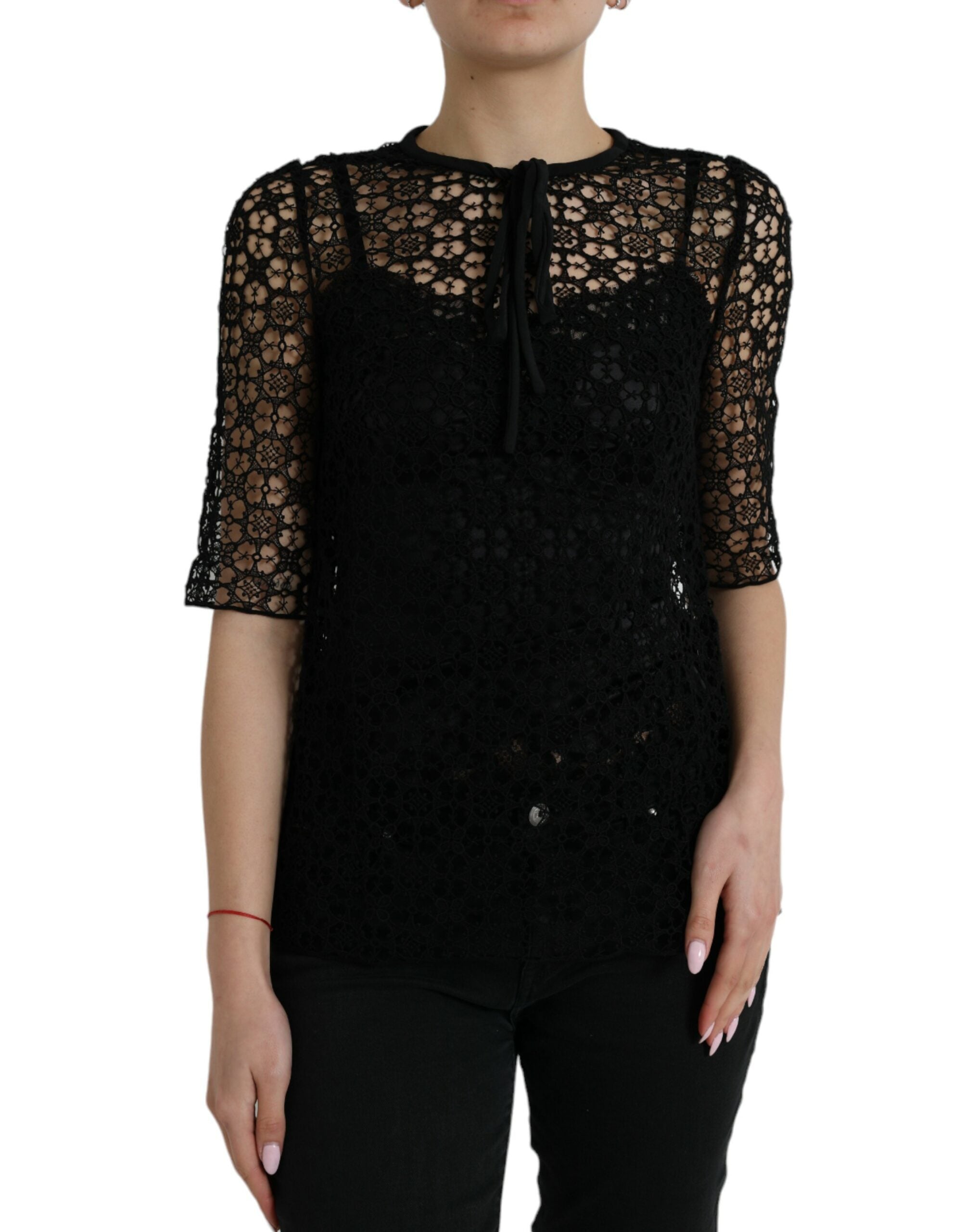 Dolce & Gabbana Schwarzes Blusentop mit floraler Spitze und kurzen Ärmeln