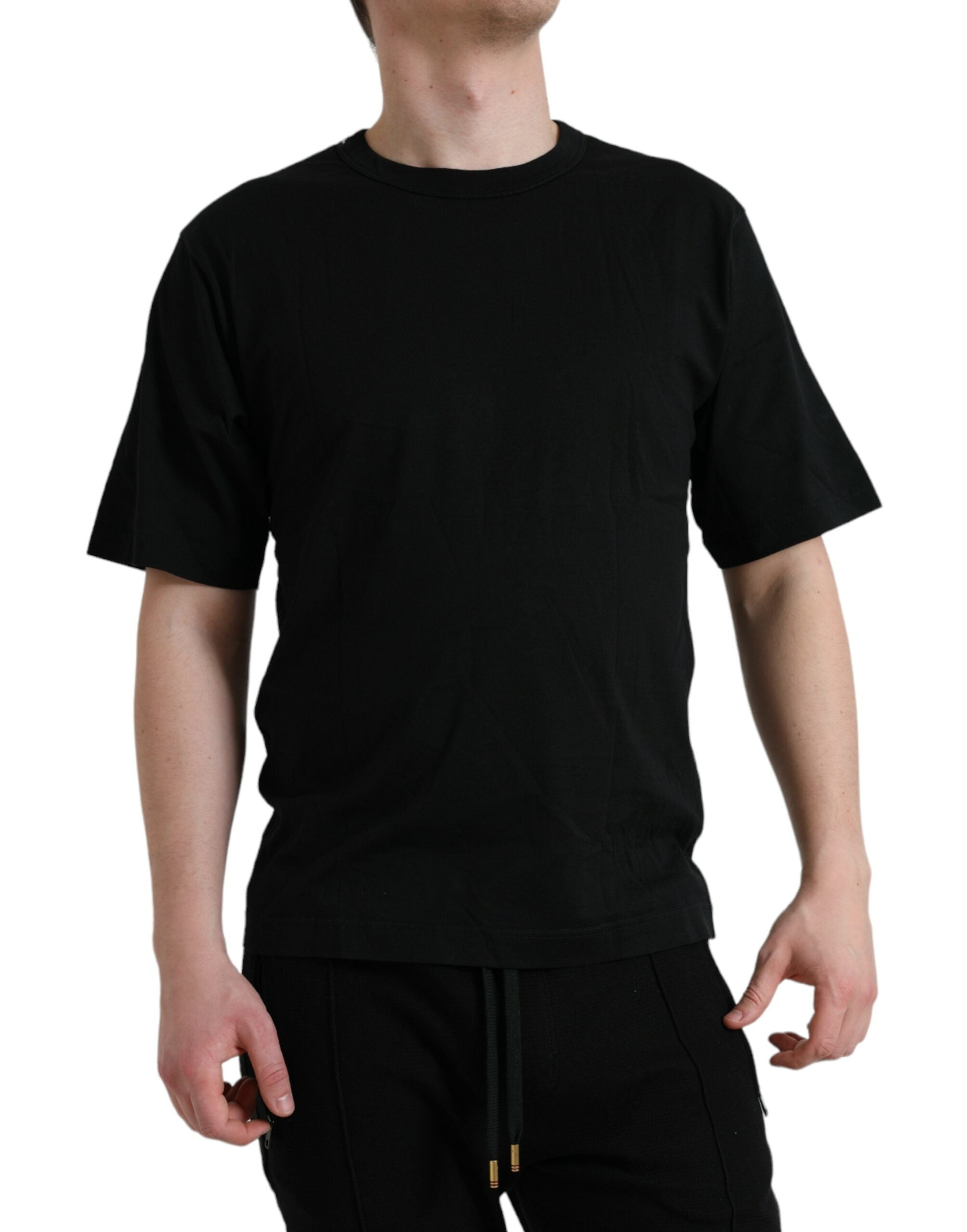 Dolce & Gabbana Schwarzes T-Shirt mit Rundhalsausschnitt und kurzen Ärmeln mit Logo-Prägung