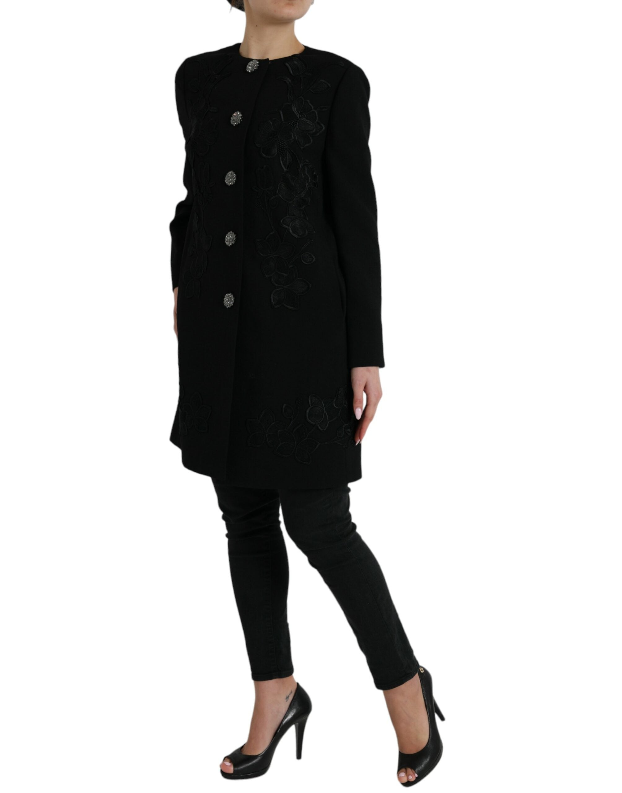 Dolce & Gabbana Schwarze Jacke aus Wolle mit Blumenmuster und Knöpfen