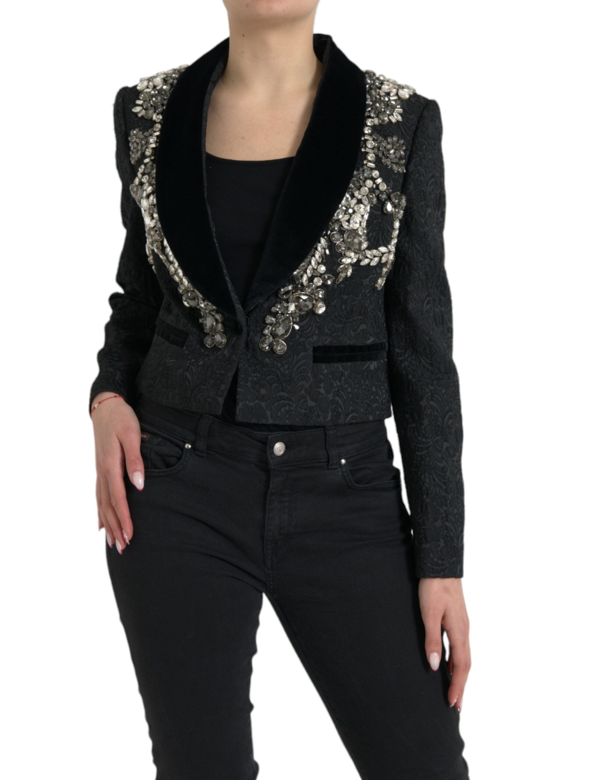 Dolce & Gabbana Schwarzer kristallbesetzter Mantel Jacke