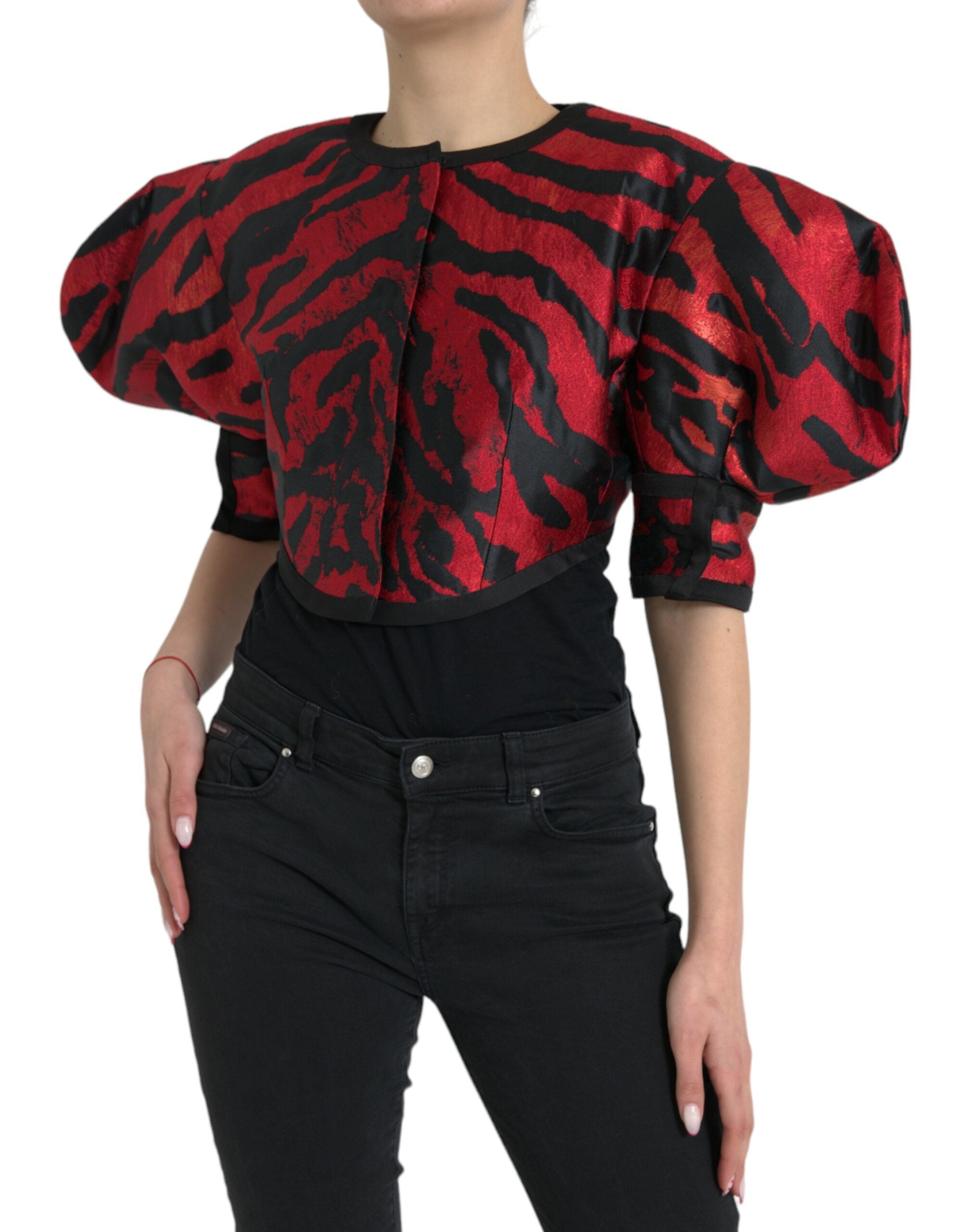 Dolce & Gabbana Schwarz Rot Gemusterter Kurzmantel Jacke