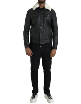 Dolce & Gabbana Schwarzes Leder Pelzkragen Bikermantel Jacke