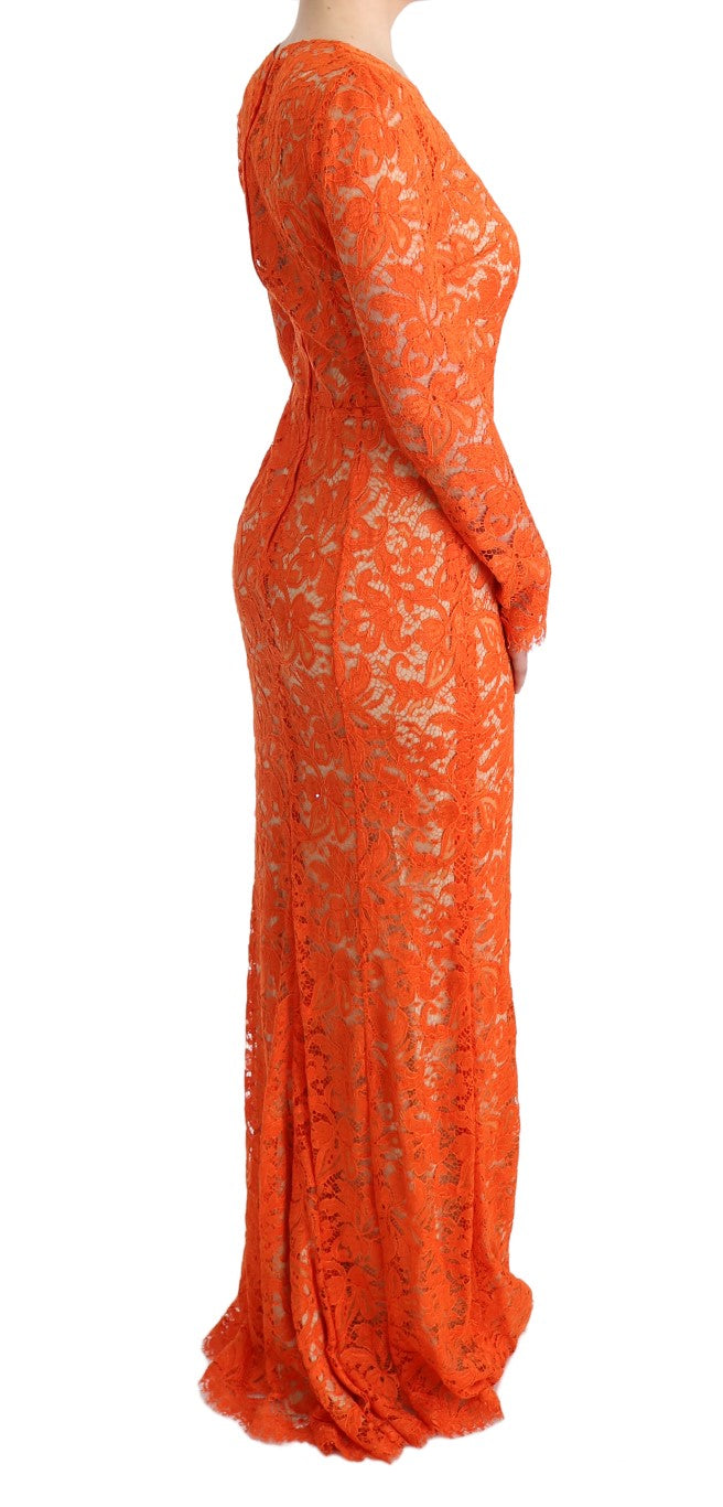 Dolce & Gabbana Orangefarbenes geblümtes langes Ricamo Etuikleid